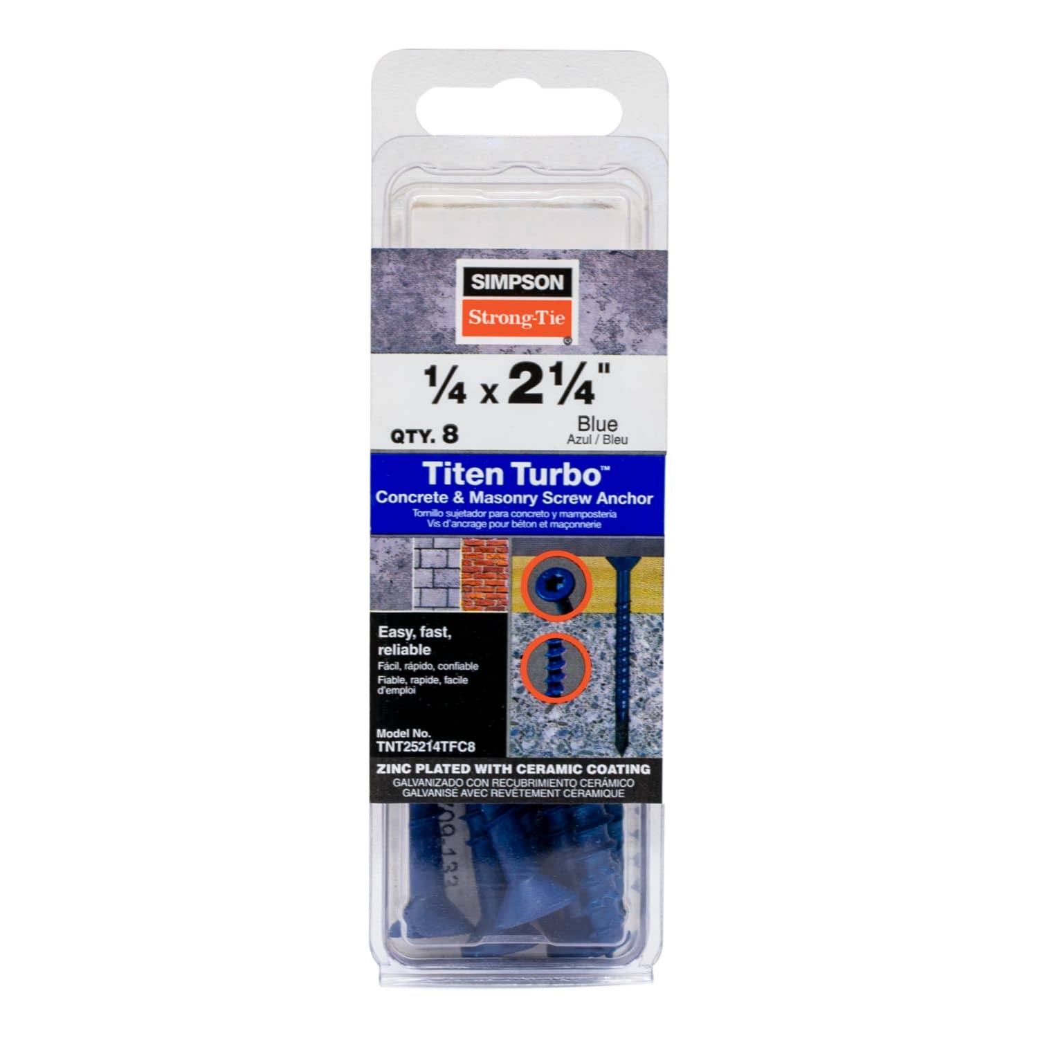 Simpson Strong-Tie TNT25214TF Titen Turbo,  1/4-in. x 2-1/4-in. 6-Lobe Flat-Head Concrete and Masonry Screw, Blue, 100-Pack