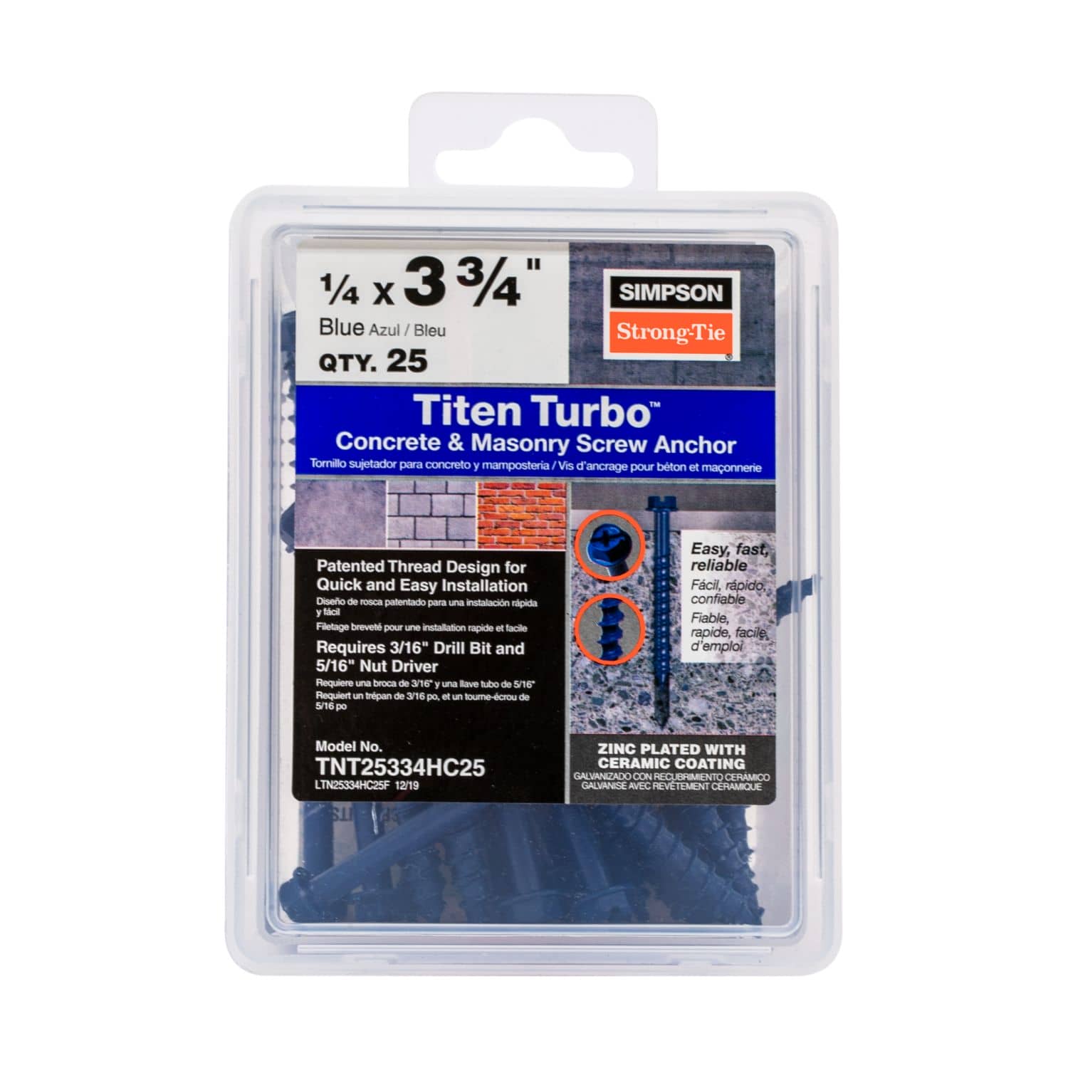Simpson Strong-Tie TNT25334HC25 Titen Turbo,  1/4-in. x 3-3/4-in. Hex-Head Concrete and Masonry Screw, Blue, 25-Pack