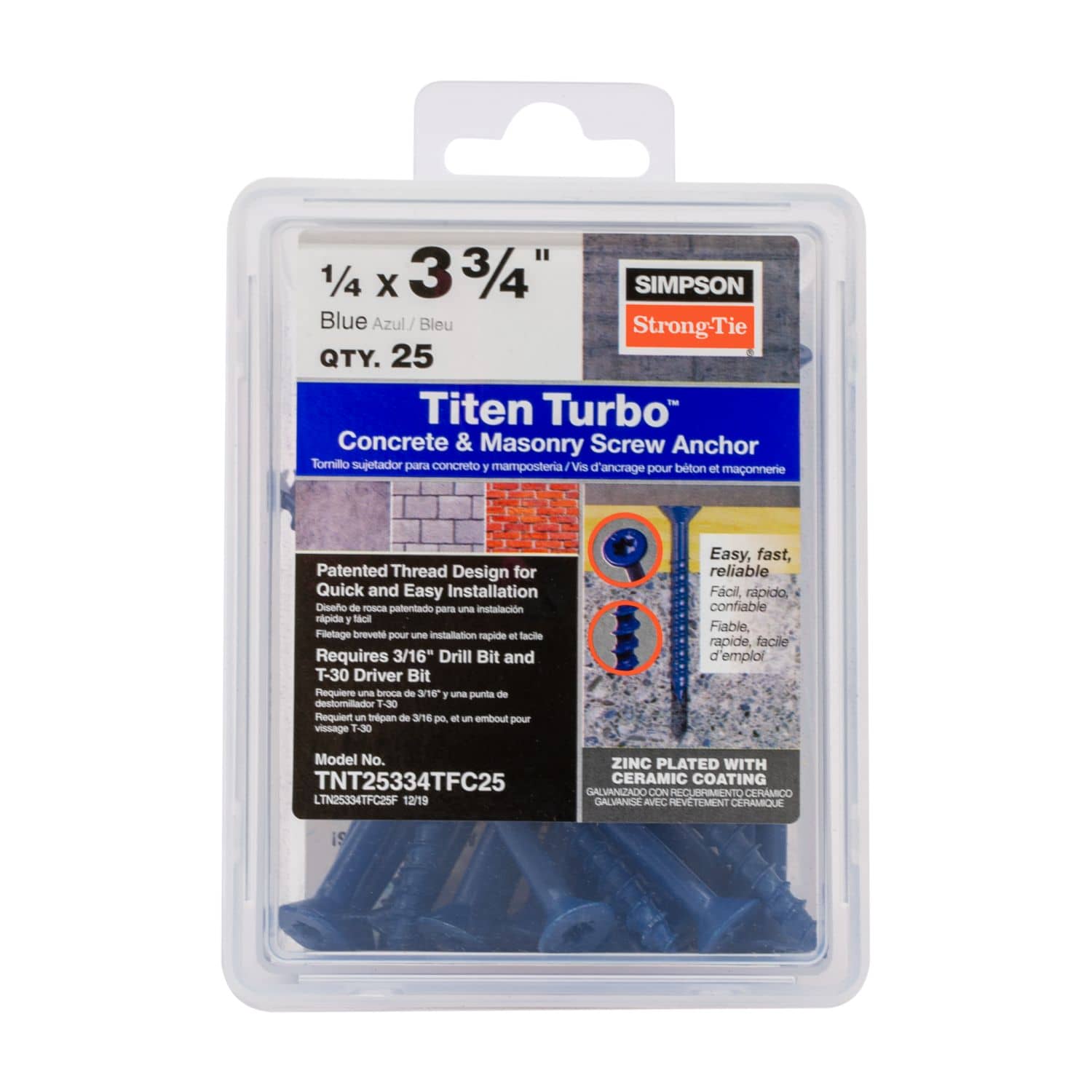 Simpson Strong-Tie TNT25334TFC25 Titen Turbo,  1/4-in. x 3-3/4-in. 6-Lobe Flat-Head Concrete and Masonry Screw, Blue, 25-Pack