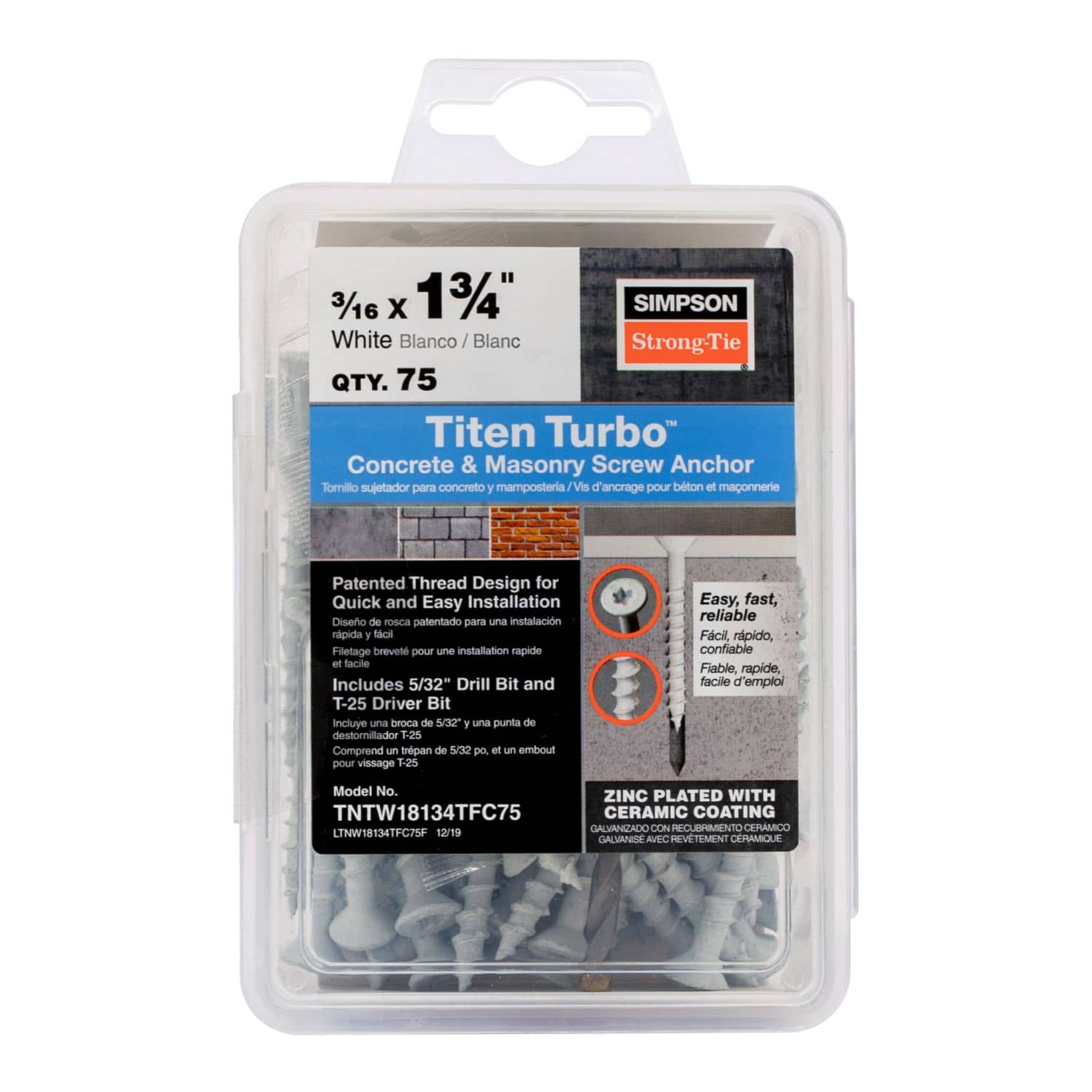 Simpson Strong-Tie TNTW18134TFC75 Titen Turbo,  3/16-in. x 1-3/4-in. 6-Lobe Flat-Head Concrete and Masonry Screw, White, 75-Pack
