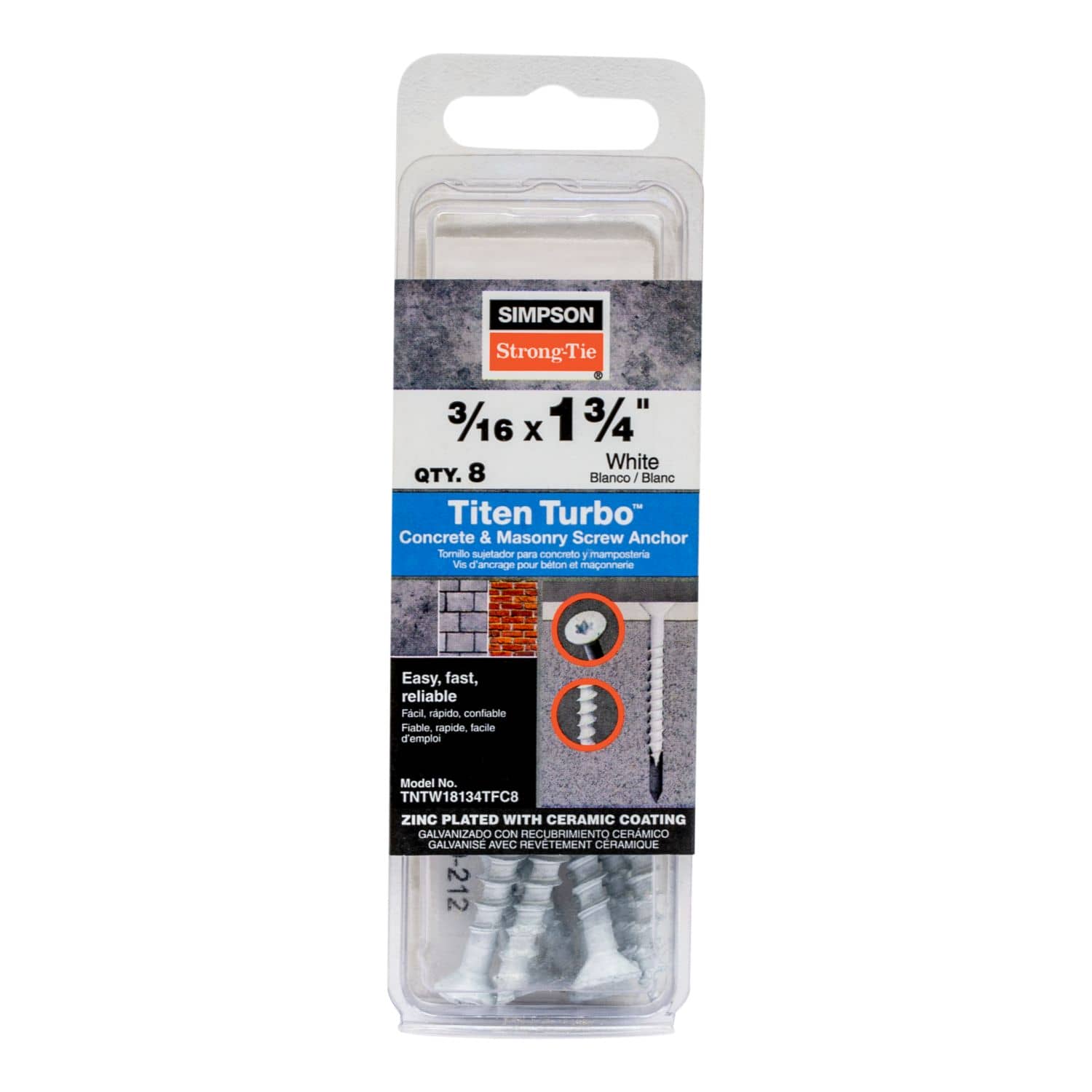 Simpson Strong-Tie TNTW18134TFC8 Titen Turbo,  3/16-in. x 1-3/4-in. 6-Lobe Flat-Head Concrete and Masonry Screw, White, 8-Pack