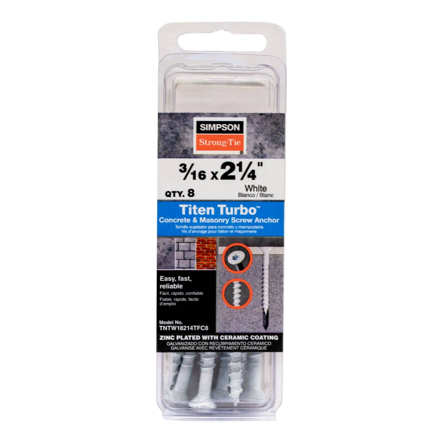 Simpson Strong-Tie TNTW18214TFC8 Titen Turbo,  3/16-in. x 2-1/4-in. 6-Lobe Flat-Head Concrete and Masonry Screw, White, 8-Pack