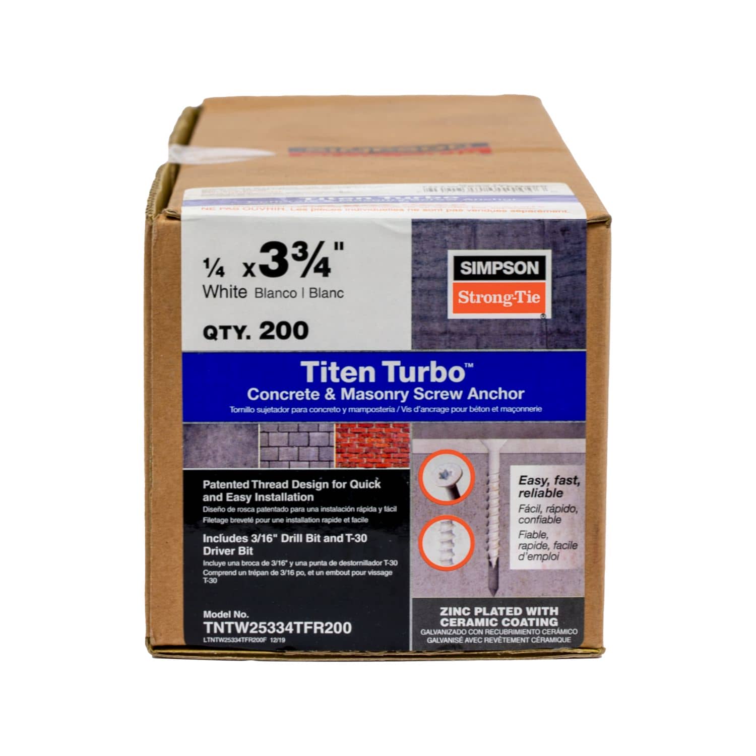 Simpson Strong-Tie TNTW25334TFR200 Titen Turbo,  1/4-in. x 3-3/4-in. 6-Lobe Flat-Head Concrete and Masonry Screw, White, 200-Pack