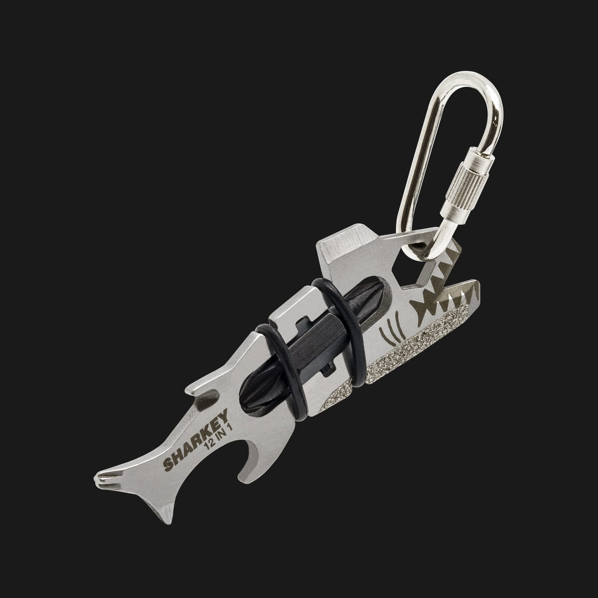 TRUE Sharkey 12-in-1 keychain multi-tool product shot with quick-release carabiner clip