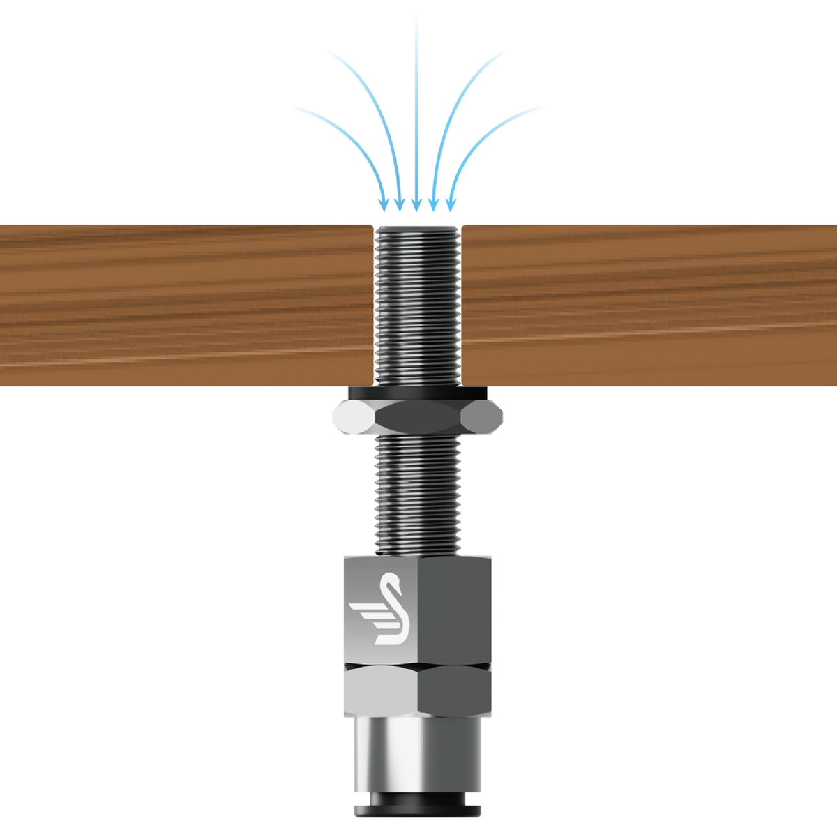 Swan VacQport VQPT01 threaded through a wood workbench top