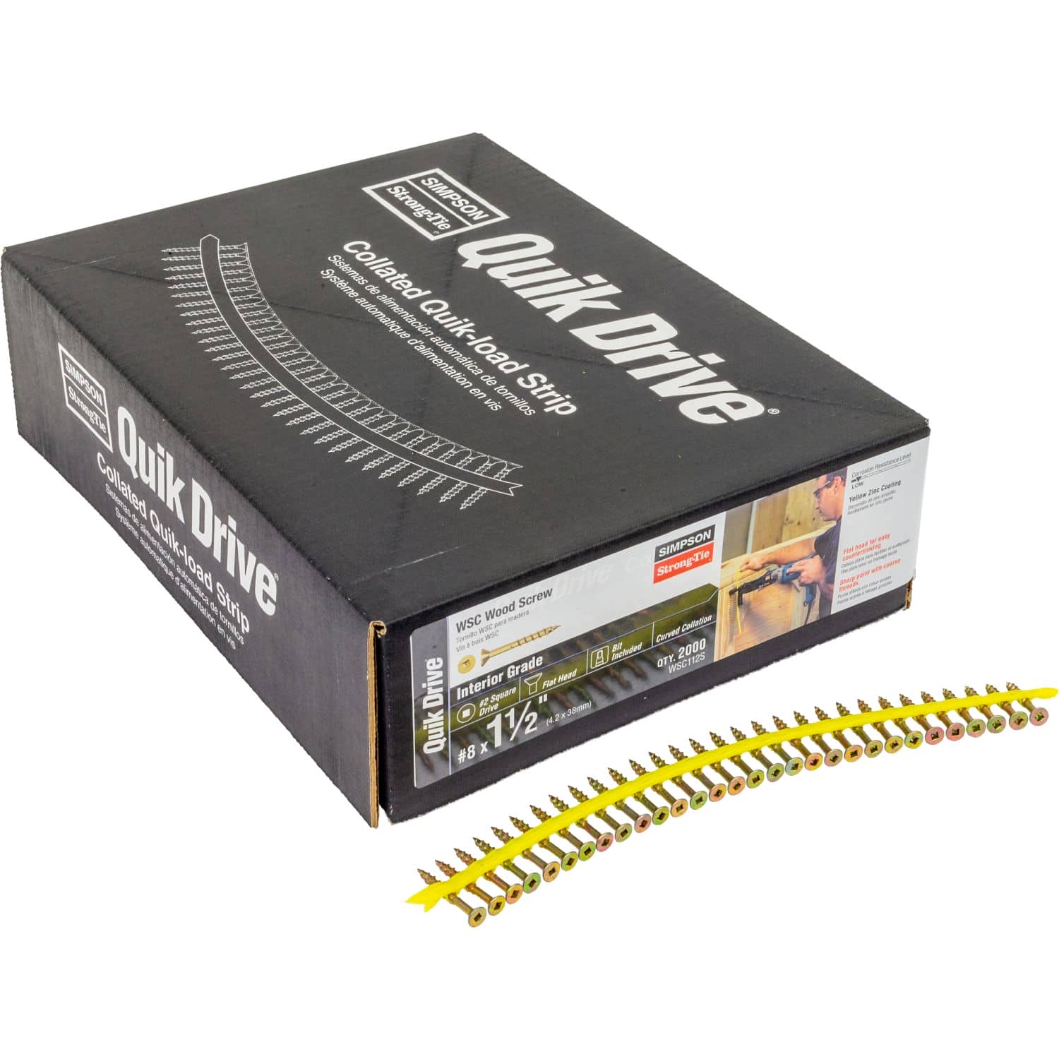Simpson Strong-Tie WSC112S WSC Wood Screw (Collated),  #8 x 1-1/2-in. #2 Square, Flat Head, Yellow Zinc, 2000-Pack