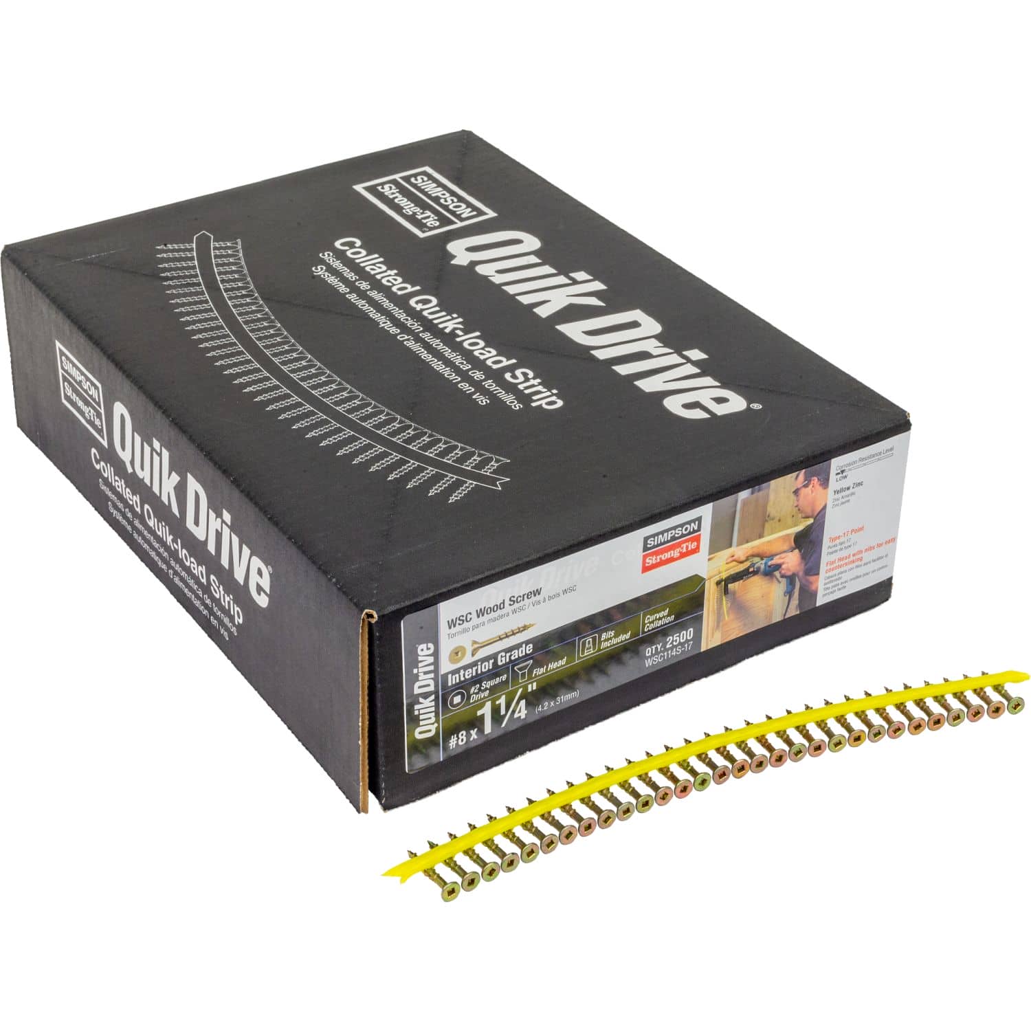 Simpson Strong-Tie WSC114S-17 WSC Wood Screw (Collated),  #8 x 1-1/4-in. #2 Square, Flat Head, Yellow Zinc, 2500-Pack