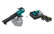 Makita XBU07Z 18V LXT Brushless Blower / Vacuum Mulcher bundled with BL1840BDC2X battery and charger starter pack, side by side