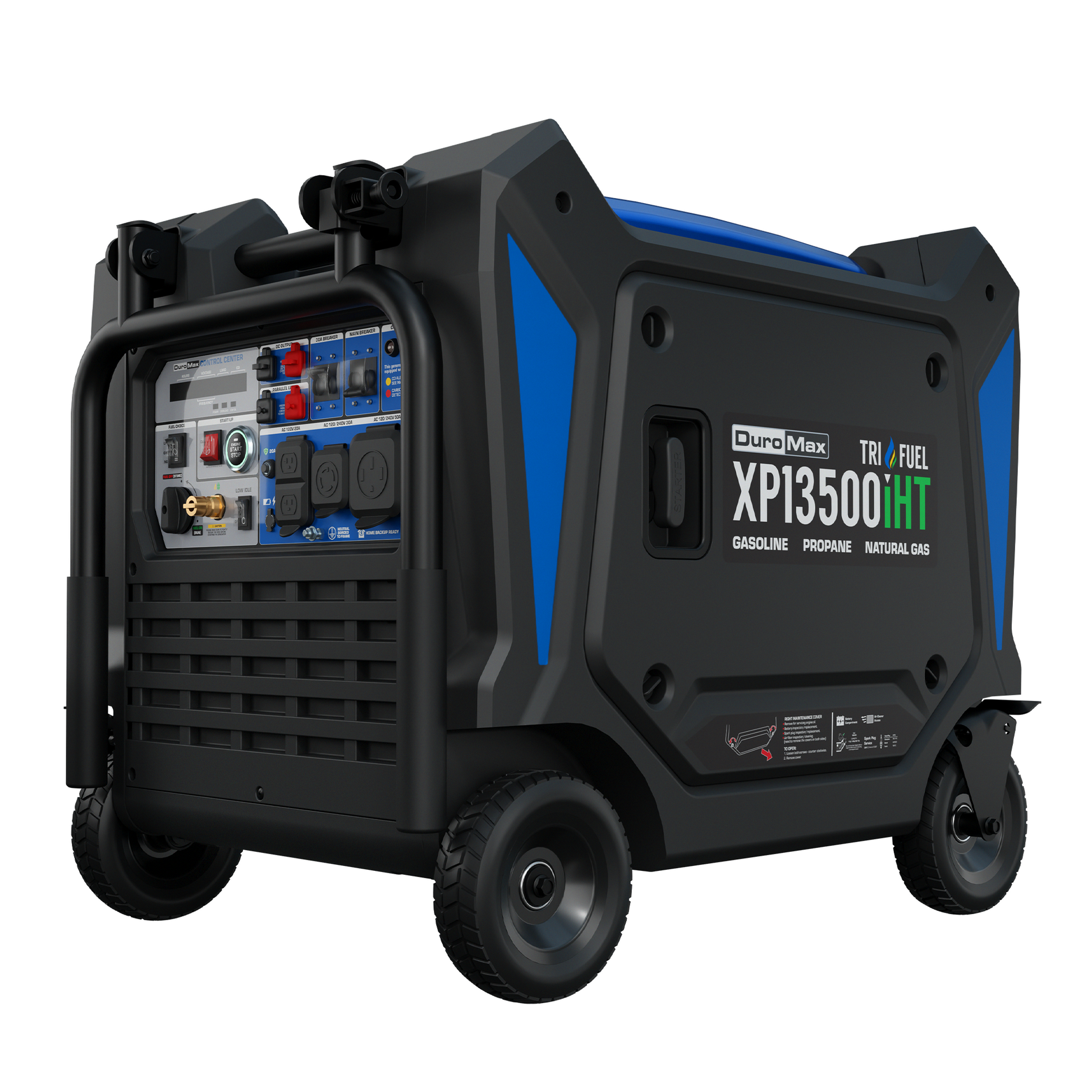DuroMax XP13500iHT 13,500-watt tri-fuel inverter generator, front three-quarter studio product photo