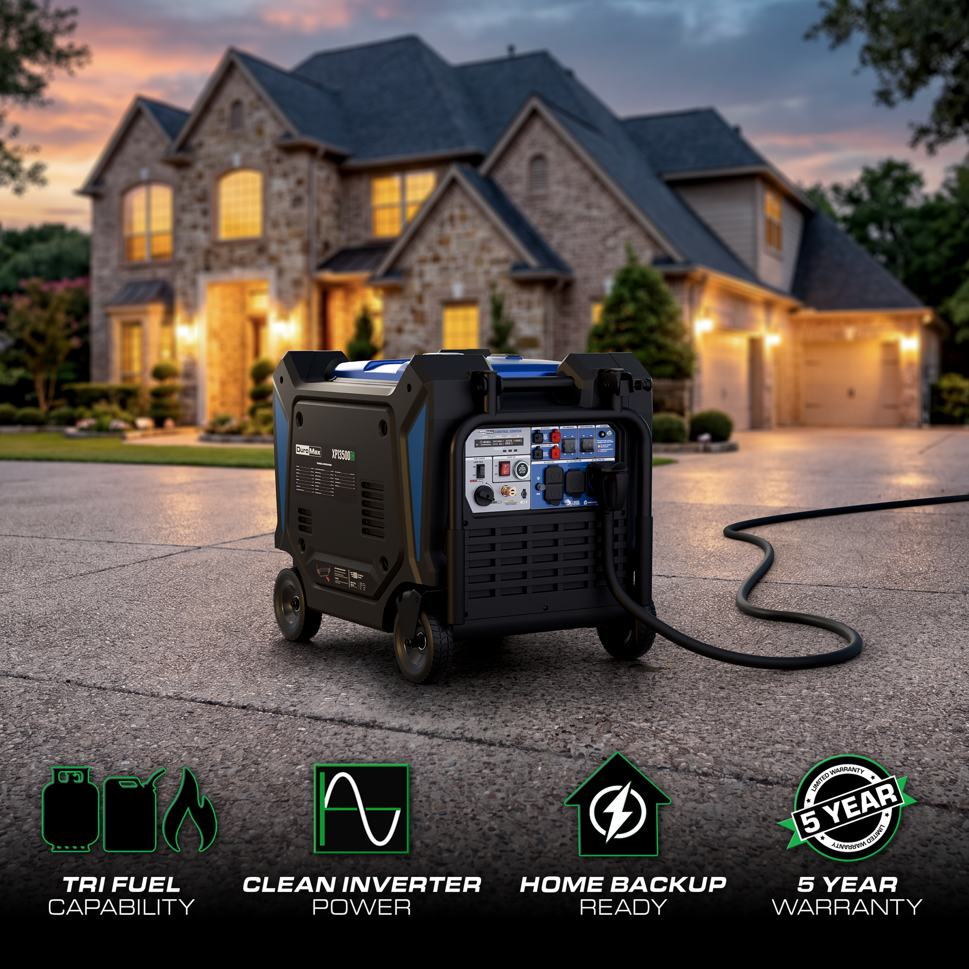 DuroMax XP13500iHT tri-fuel inverter generator, rear three-quarter studio product photo