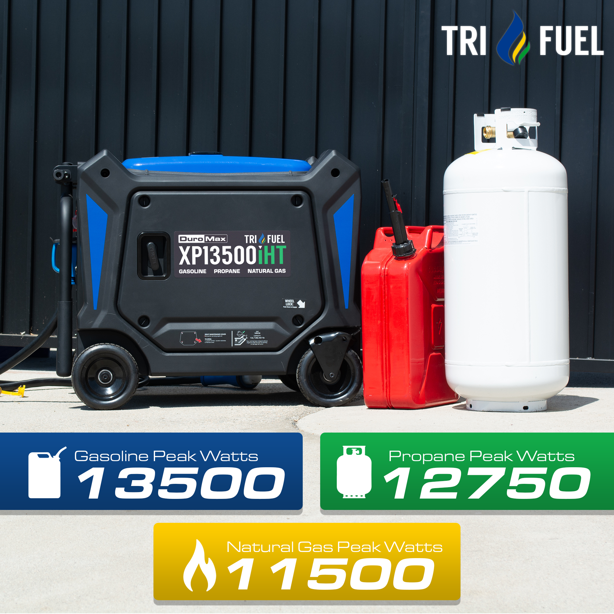 DuroMax XP13500iHT tri-fuel inverter generator, side-angle studio product photo