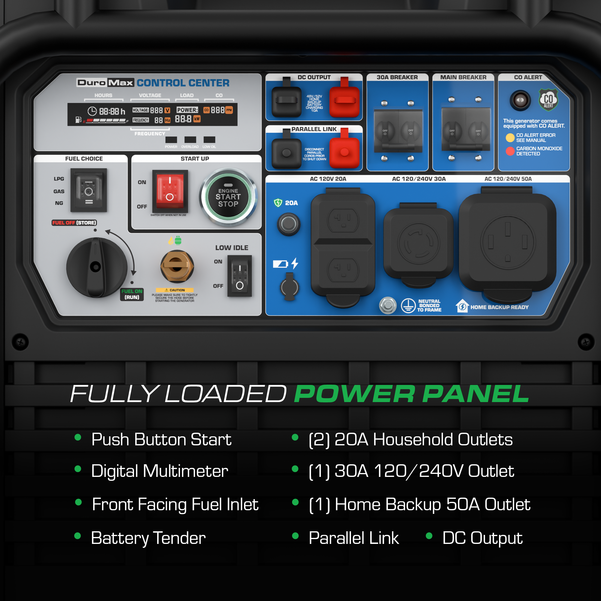 DuroMax XP13500iHT tri-fuel inverter generator, detail studio product photo
