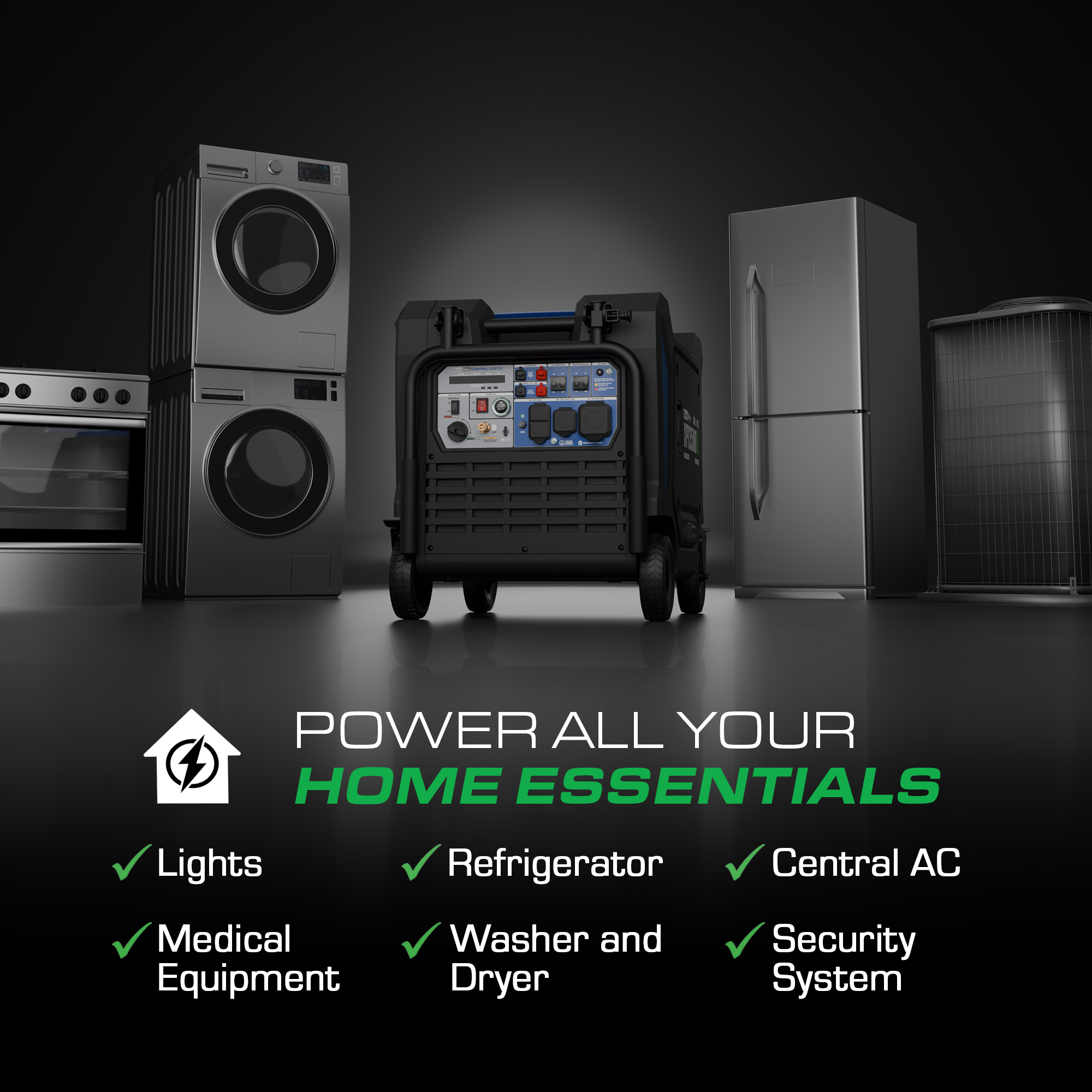 DuroMax XP13500iHT tri-fuel inverter generator, top studio product photo