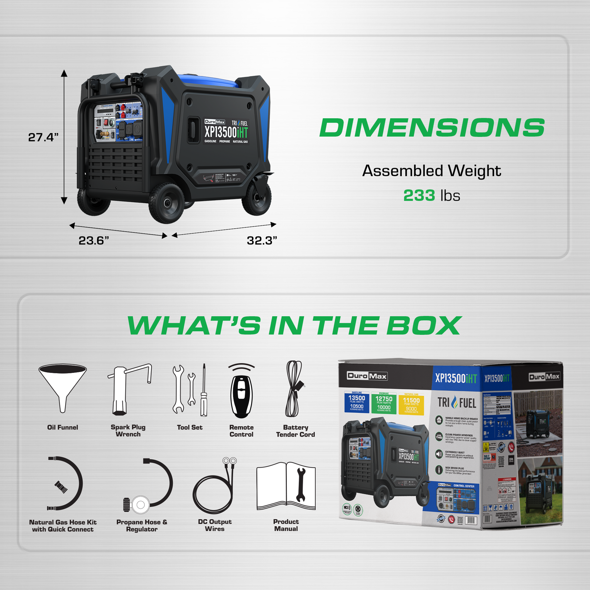 DuroMax XP13500iHT tri-fuel inverter generator, opposite side studio product photo