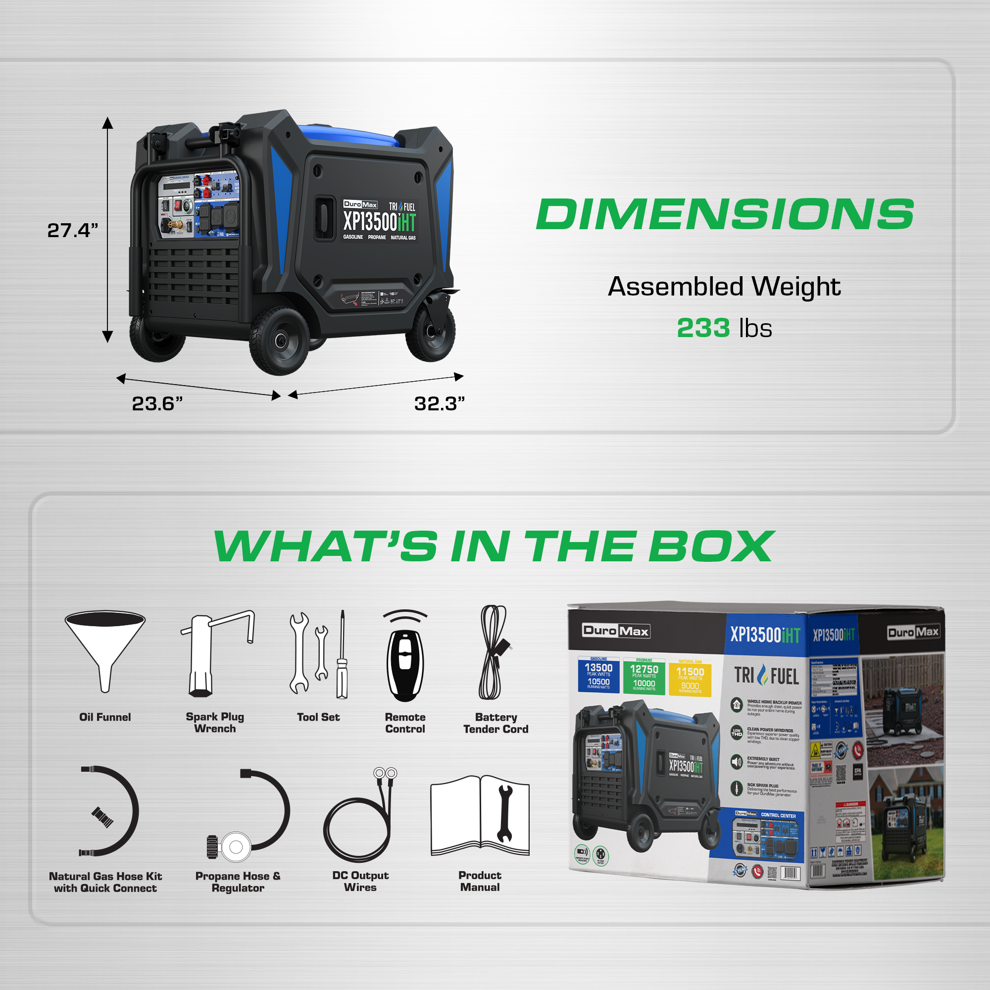 DuroMax XP13500iHT tri-fuel inverter generator, opposite side studio product photo