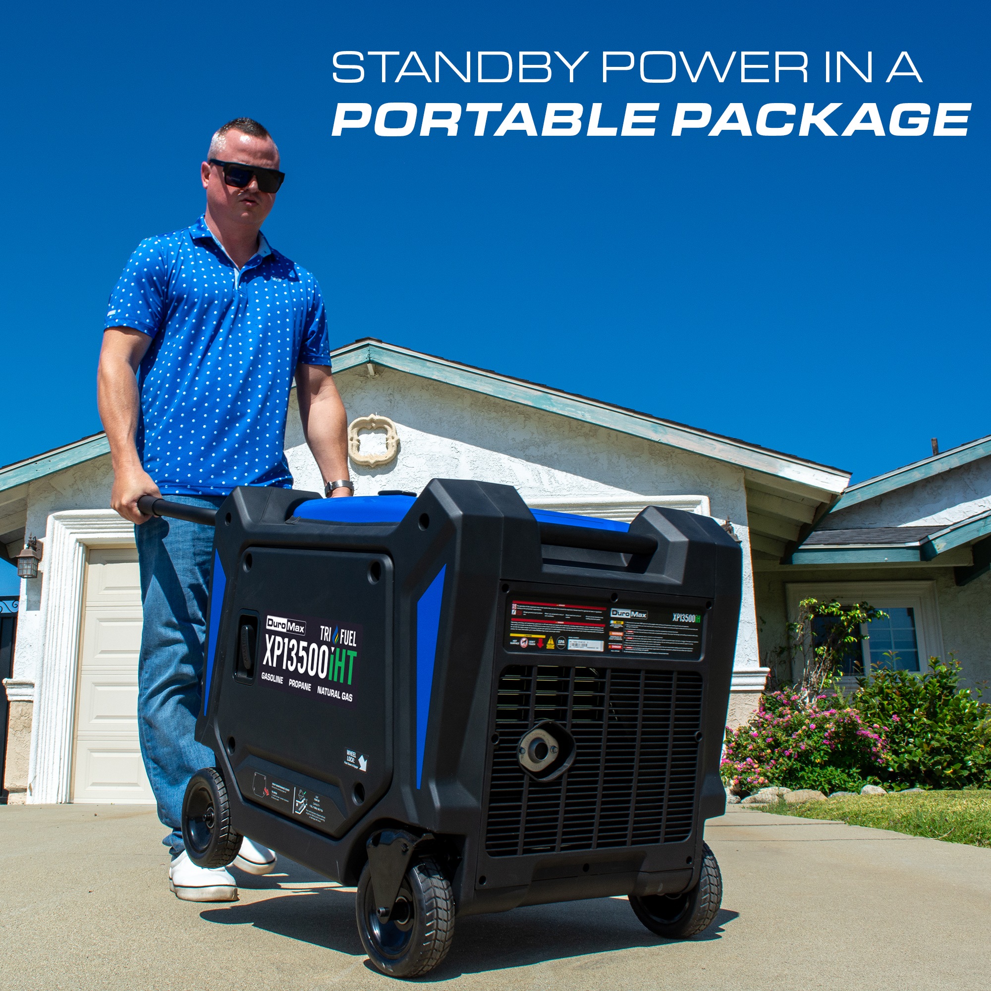 DuroMax XP13500iHT tri-fuel inverter generator, alternate angle studio product photo