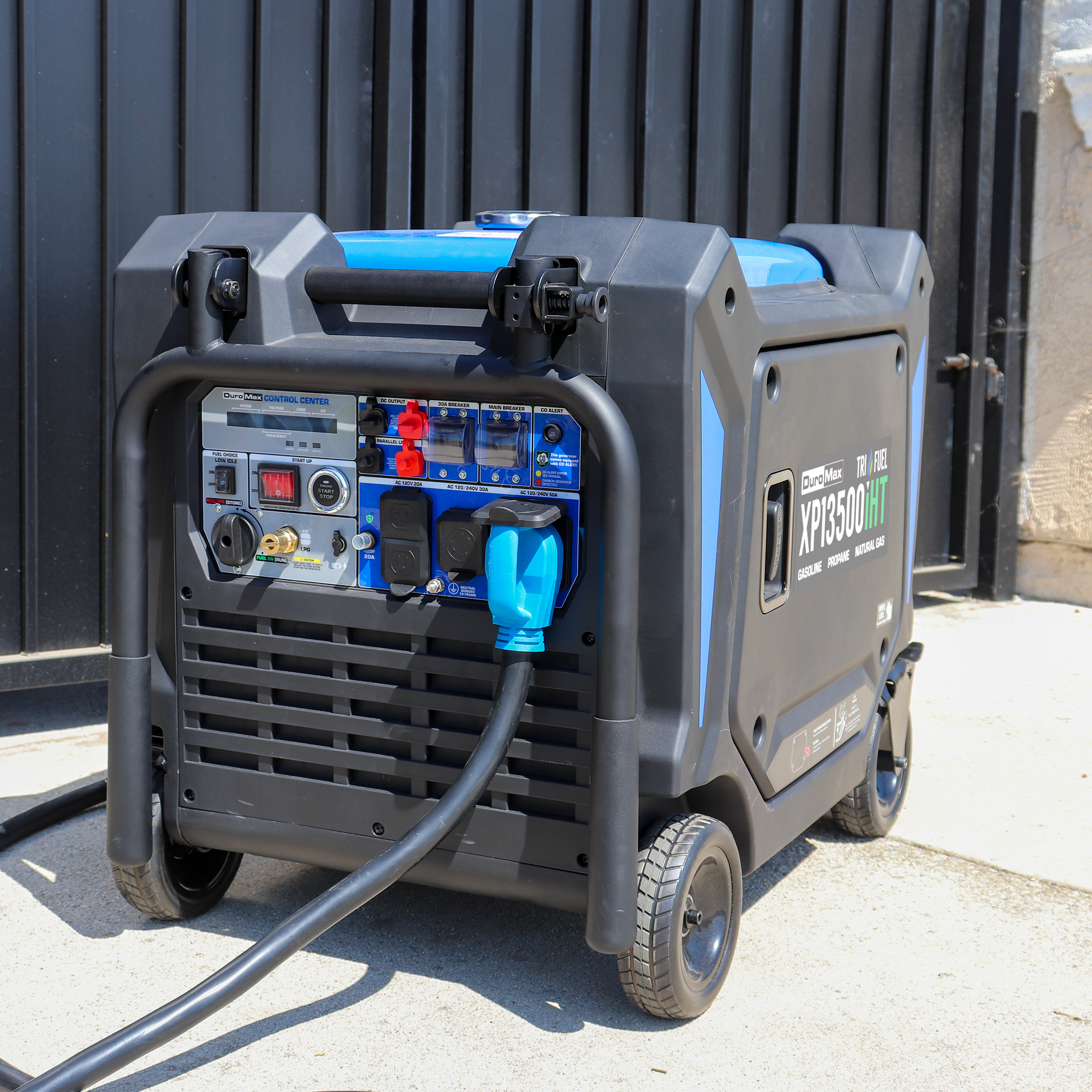 DuroMax XP13500iHT tri-fuel inverter generator, final detail studio product photo