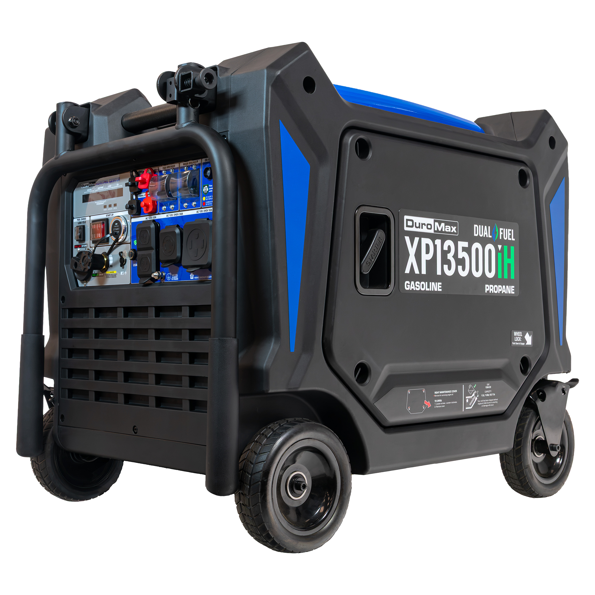 DuroMax XP13500iH 13,500-watt dual fuel inverter generator, front three-quarter studio product photo