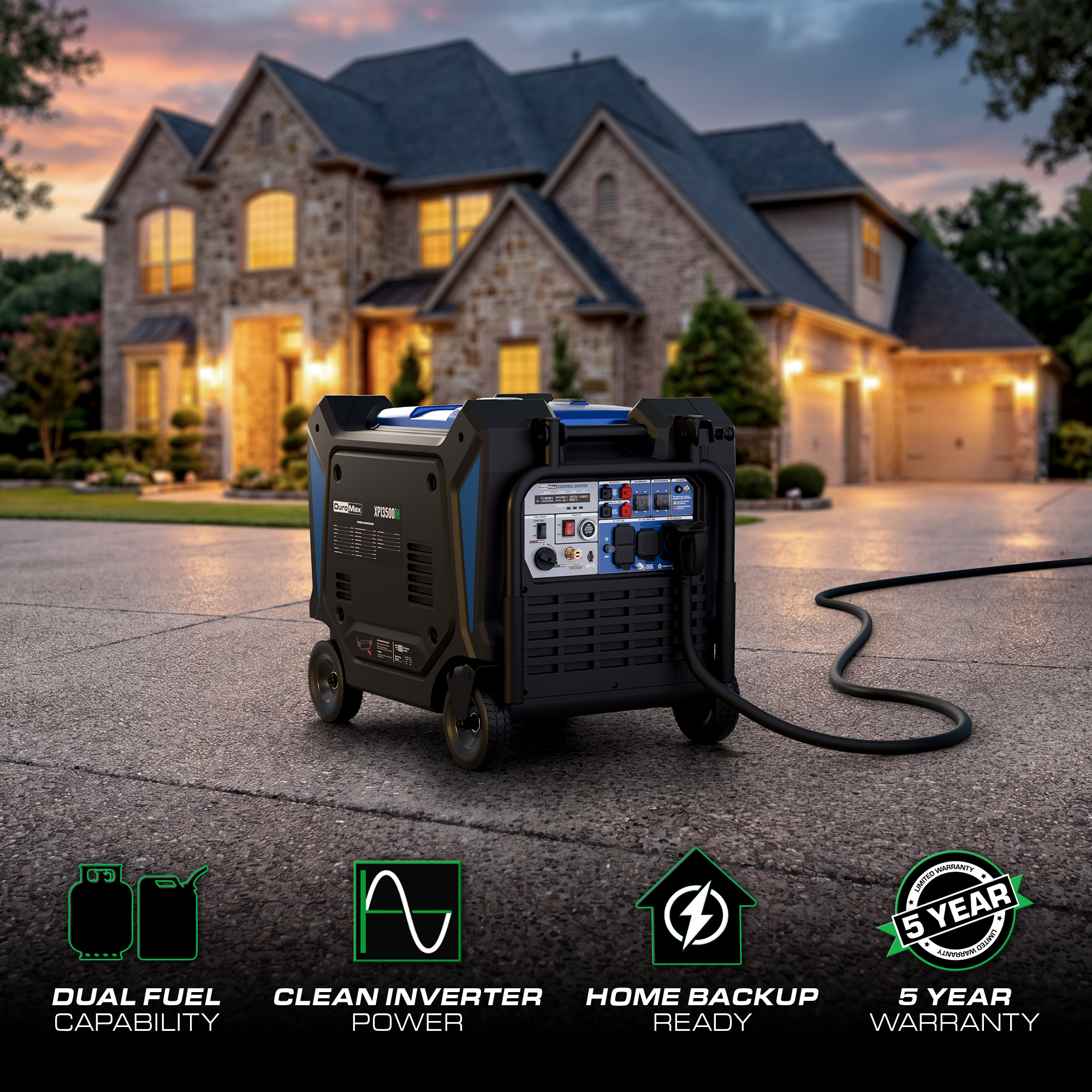 DuroMax XP13500iH dual fuel inverter generator, rear three-quarter studio product photo