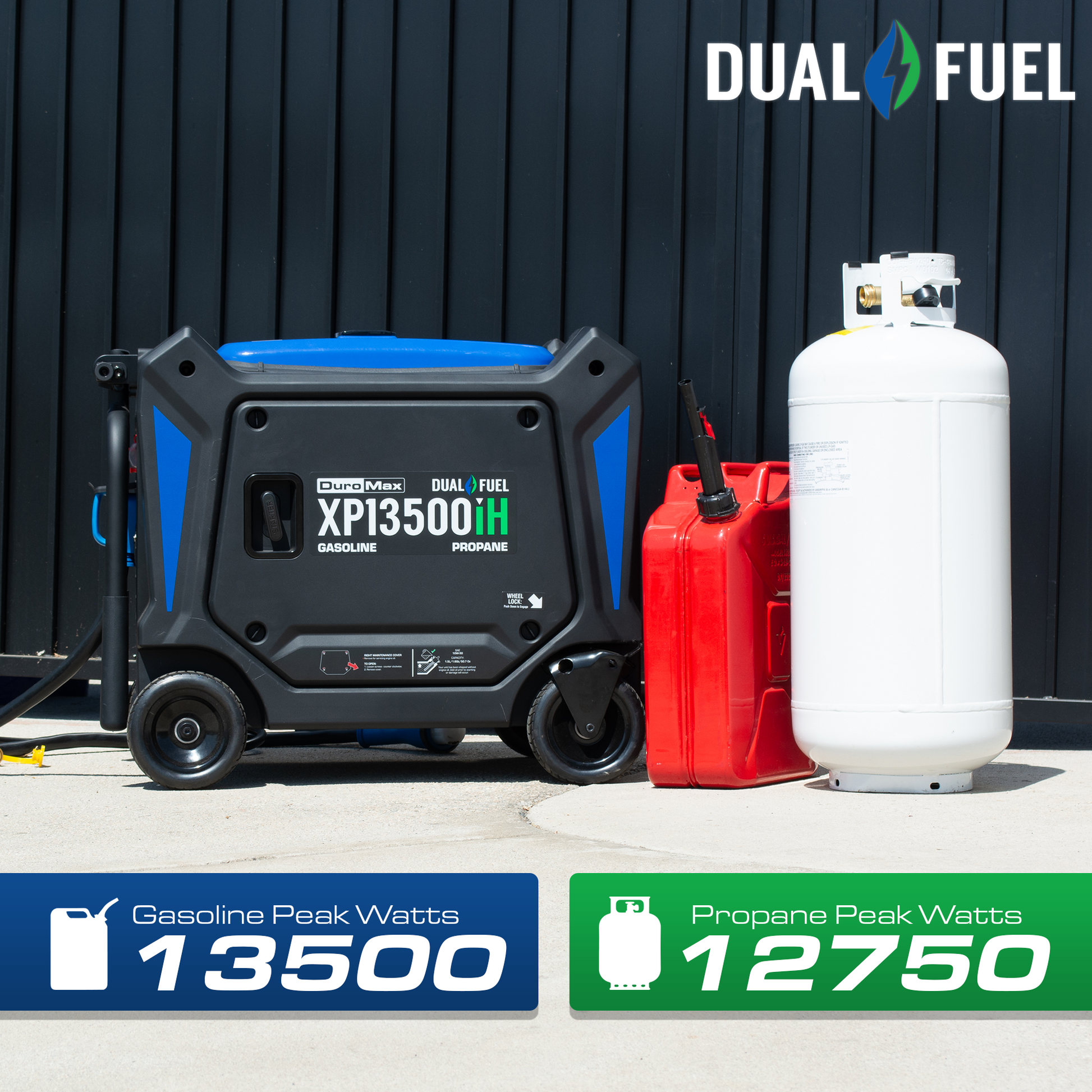 DuroMax XP13500iH dual fuel inverter generator, side-angle studio product photo
