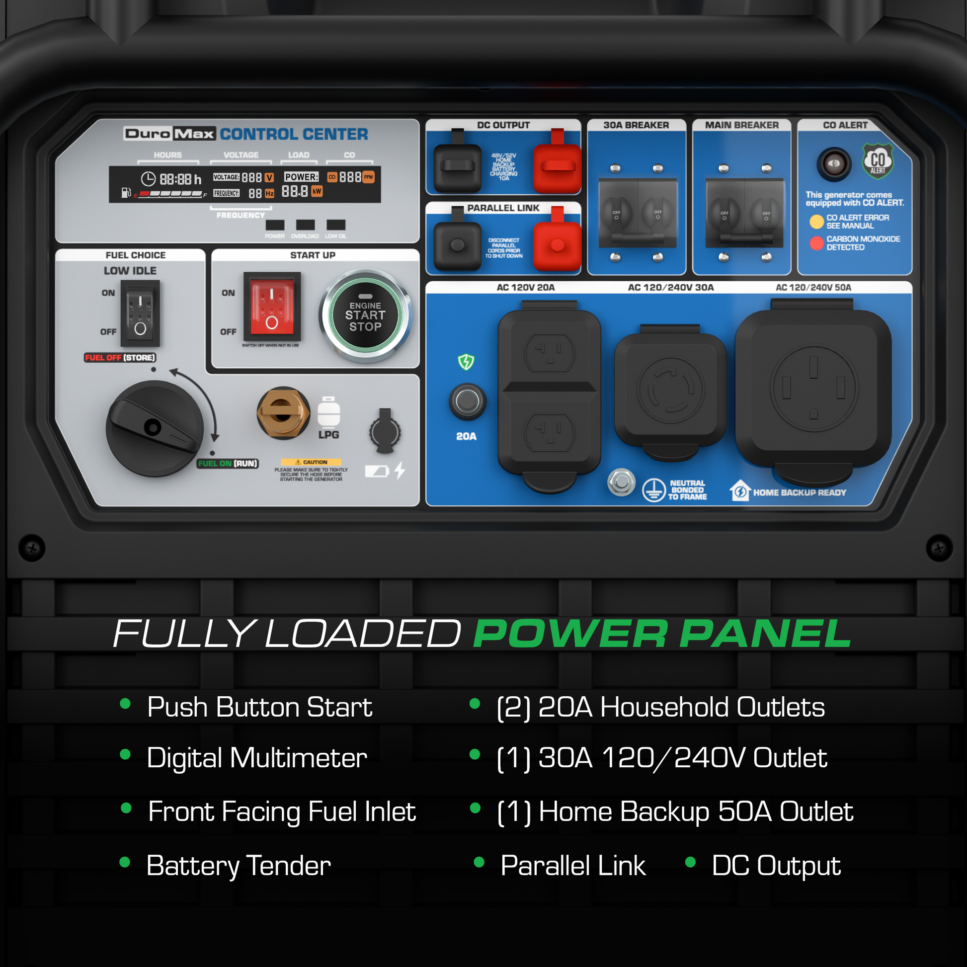 DuroMax XP13500iH dual fuel inverter generator, detail studio product photo