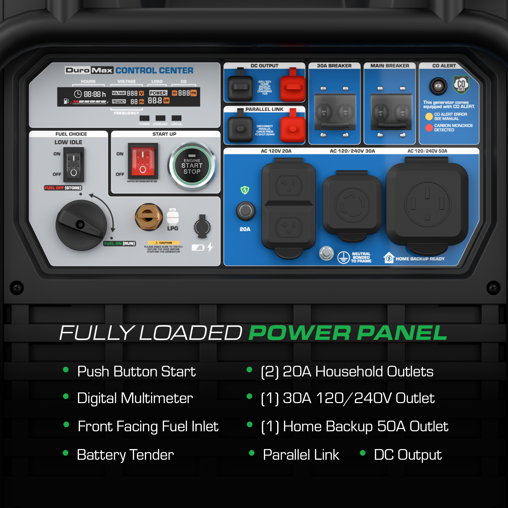 DuroMax XP13500iH dual fuel inverter generator, detail studio product photo