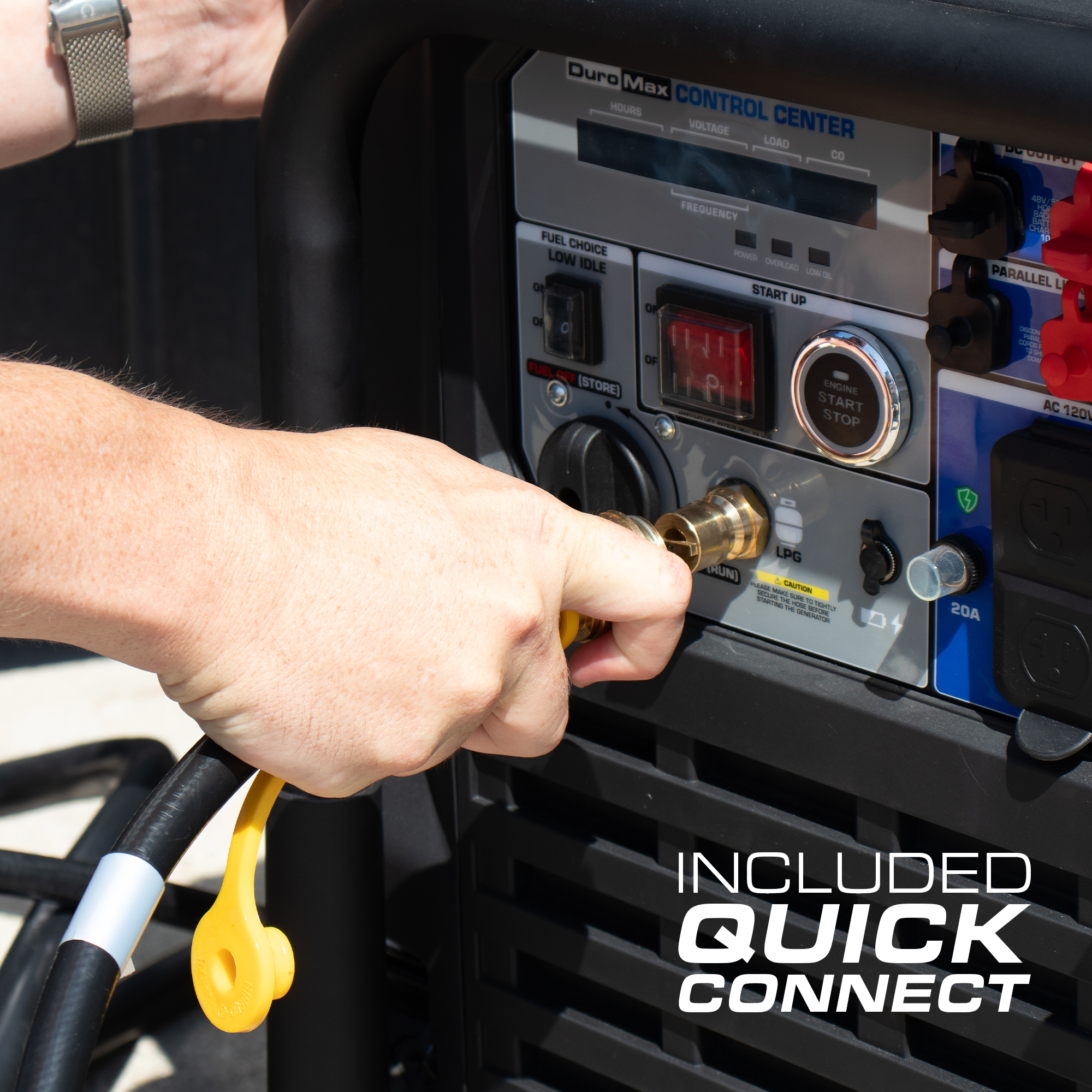 DuroMax XP13500iH dual fuel inverter generator, low-angle studio product photo