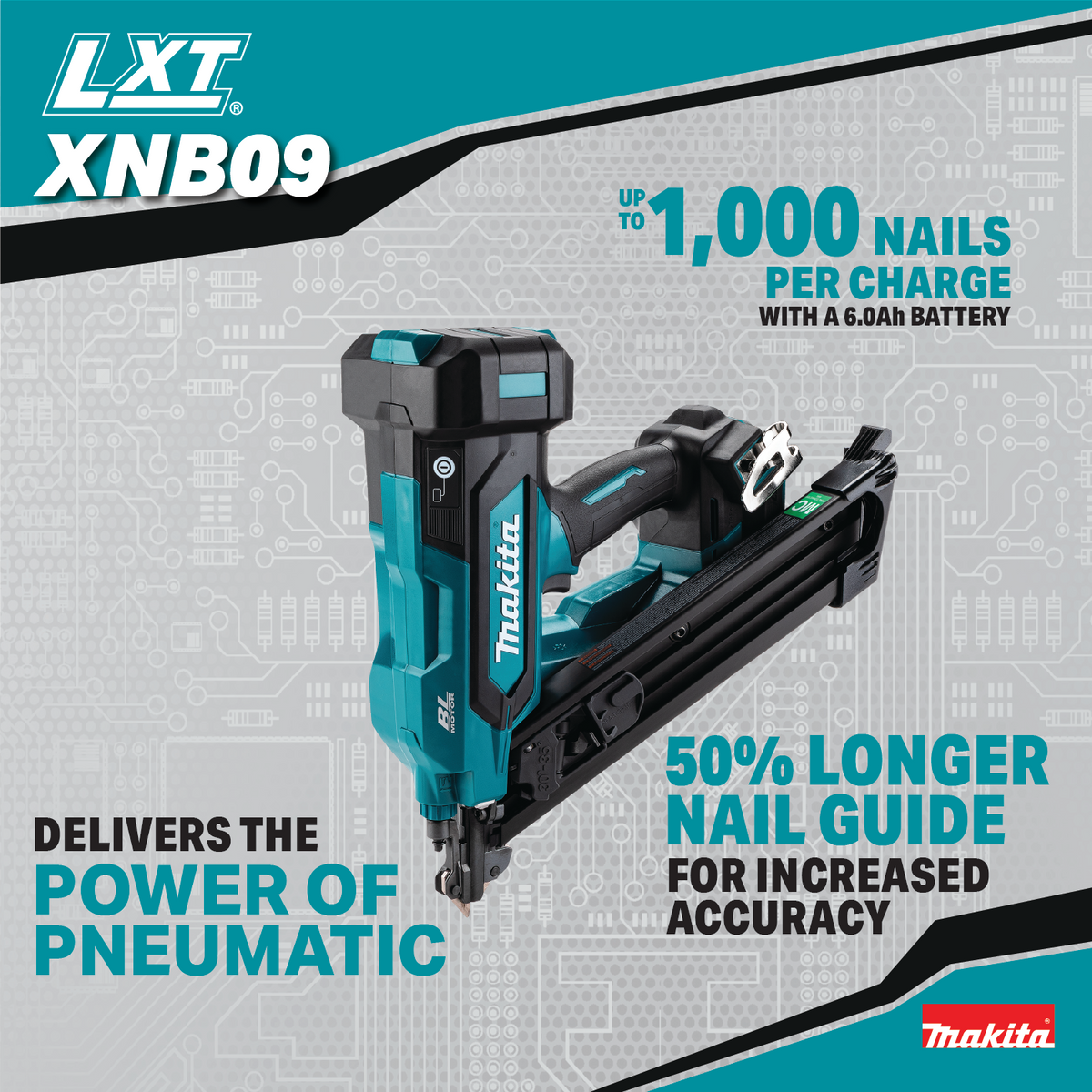 Makita 18V LXT Brushless 2-1/2-in. Positive Placement Metal Connector Nailer (XNB09Z) - feature highlights 30