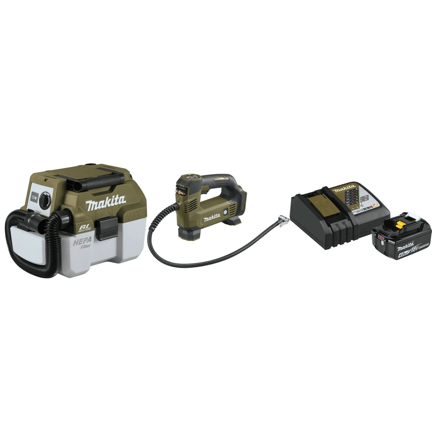 Makita Outdoor Adventure 18V LXT Brushless Wet/Dry Vacuum, 18V LXT Inflator, and 18V LXT Lithium-Ion Battery and Charger Starter Pack (4.0Ah)