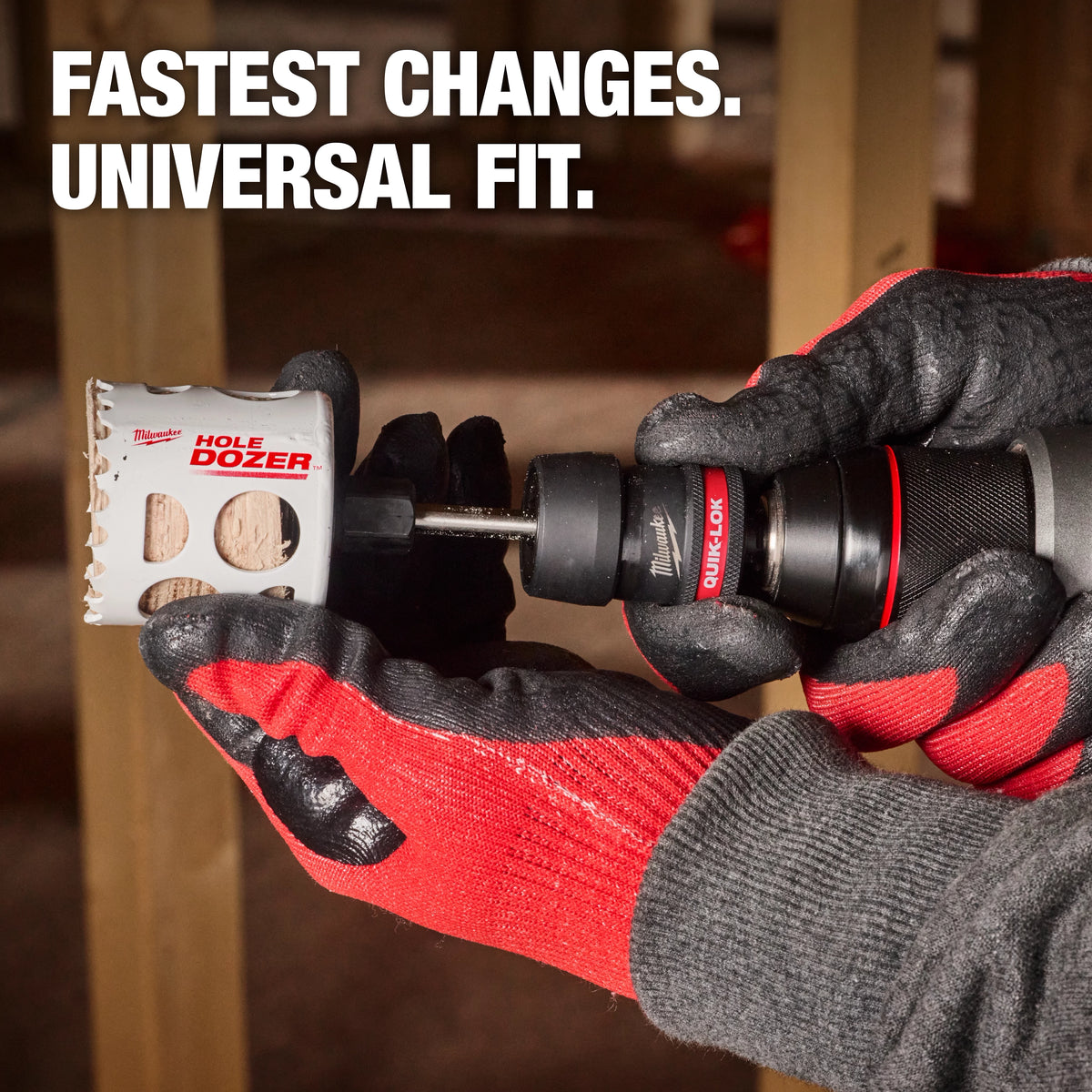Milwaukee QUIK-LOK Arbor Set in a drill with a HOLE DOZER hole saw