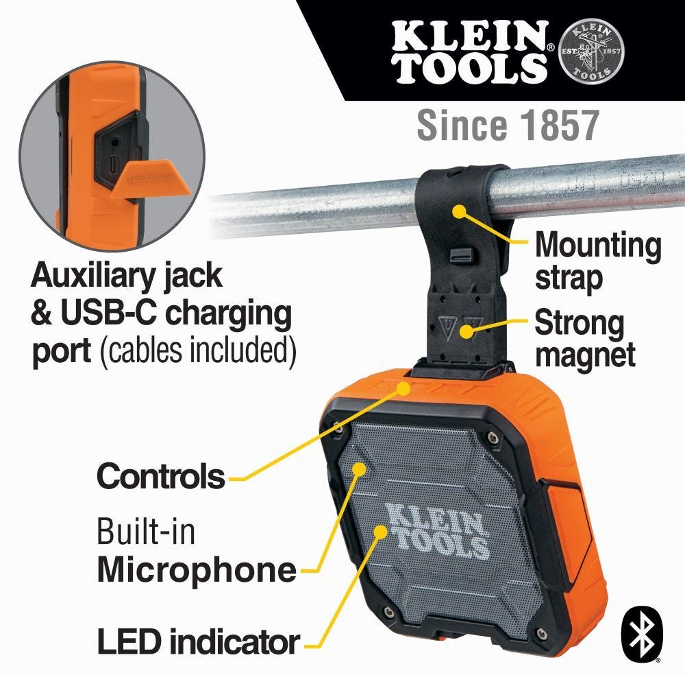 Klein AEPJS2 Bluetooth Speaker, Wireless Portable Jobsite Speaker Plays Audio and Answers Calls Hands Free, with Magnetic Strap