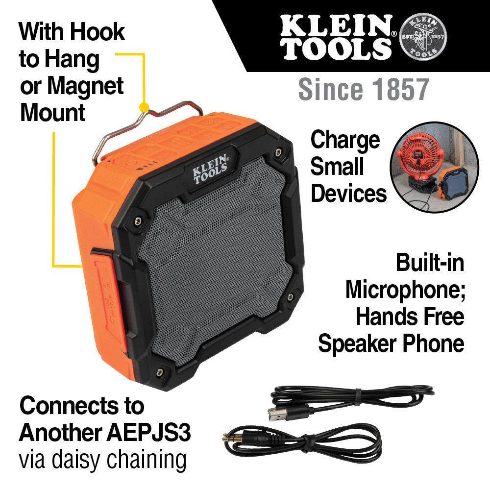 Klein AEPJS3 Portable Bluetooth Jobsite Speaker with Magnet and Hook
