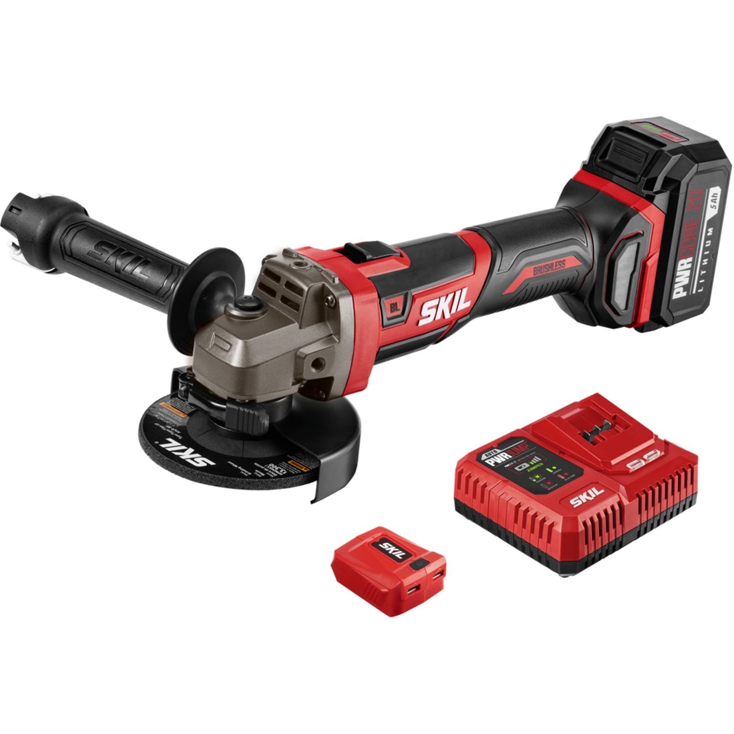 SKIL AG2907-1A PWRCore 20 Brushless 20V 4-1/2" Angle Grinder Kit with 5.0Ah Battery and PWR JUMP Charger