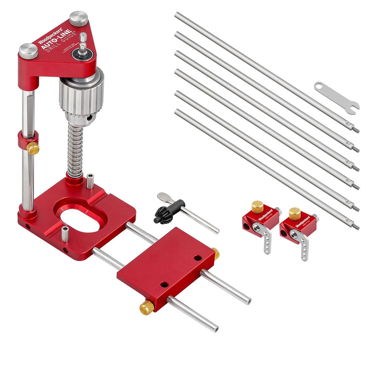 Woodpeckers ALDG-21-DEL Auto-Line Drill Guide Deluxe Kit - Includes Auto Line Drill Guide, 6 Extension Rods, 2 Flip Stops And Wrench.