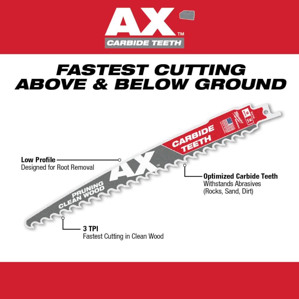 Milwaukee 48-00-5332 9-Inch 3-TPI The AX with Carbide Teeth for Pruning & Clean Wood SAWZALL Reciprocating Saw Blade, 3-Pack