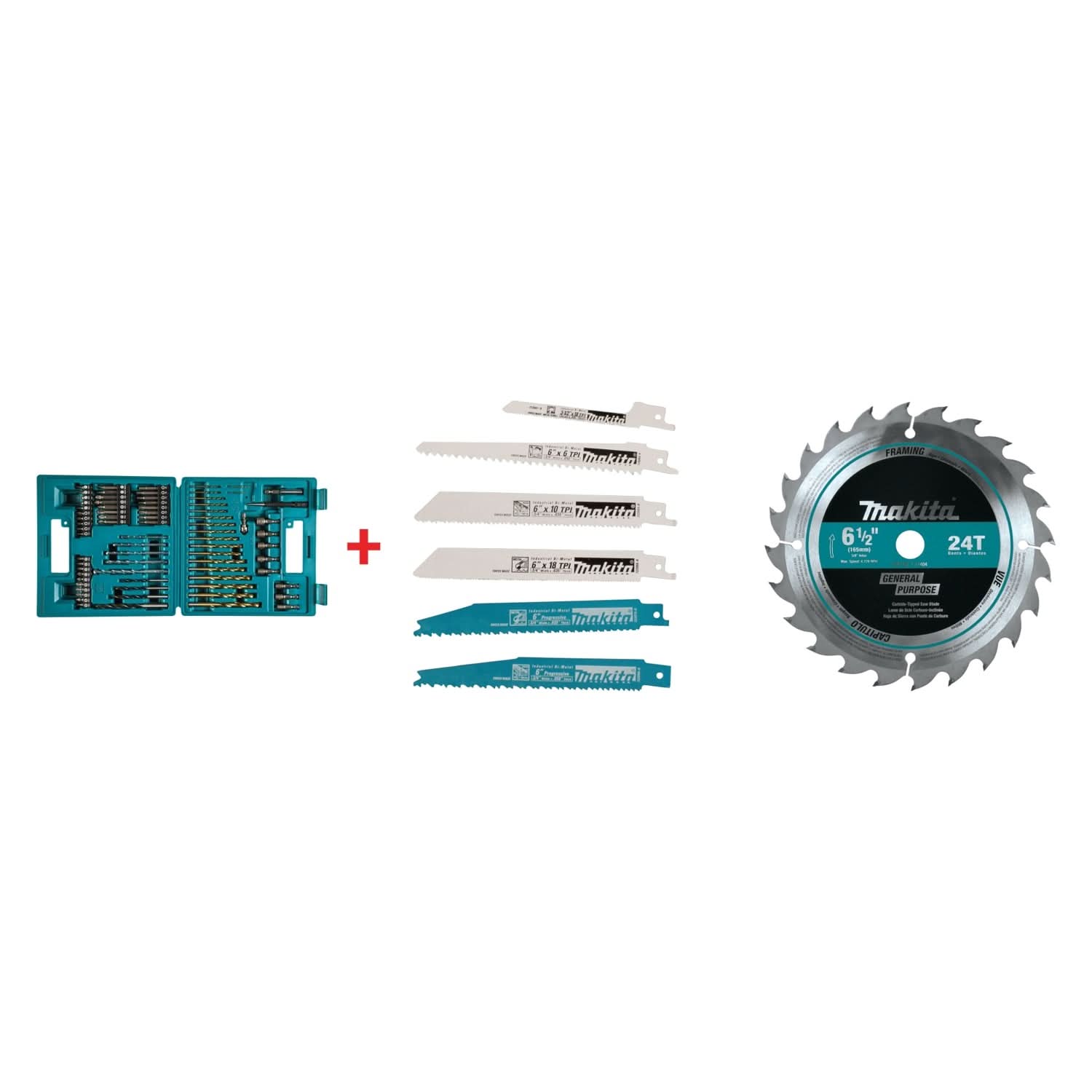 Makita 75 Pc. Metric Drill & Screw Bit Set with 6 Pc. Recip Blade Assortment Pack and 6-1/2" 24T Carbide-Tipped Circular Saw Blade