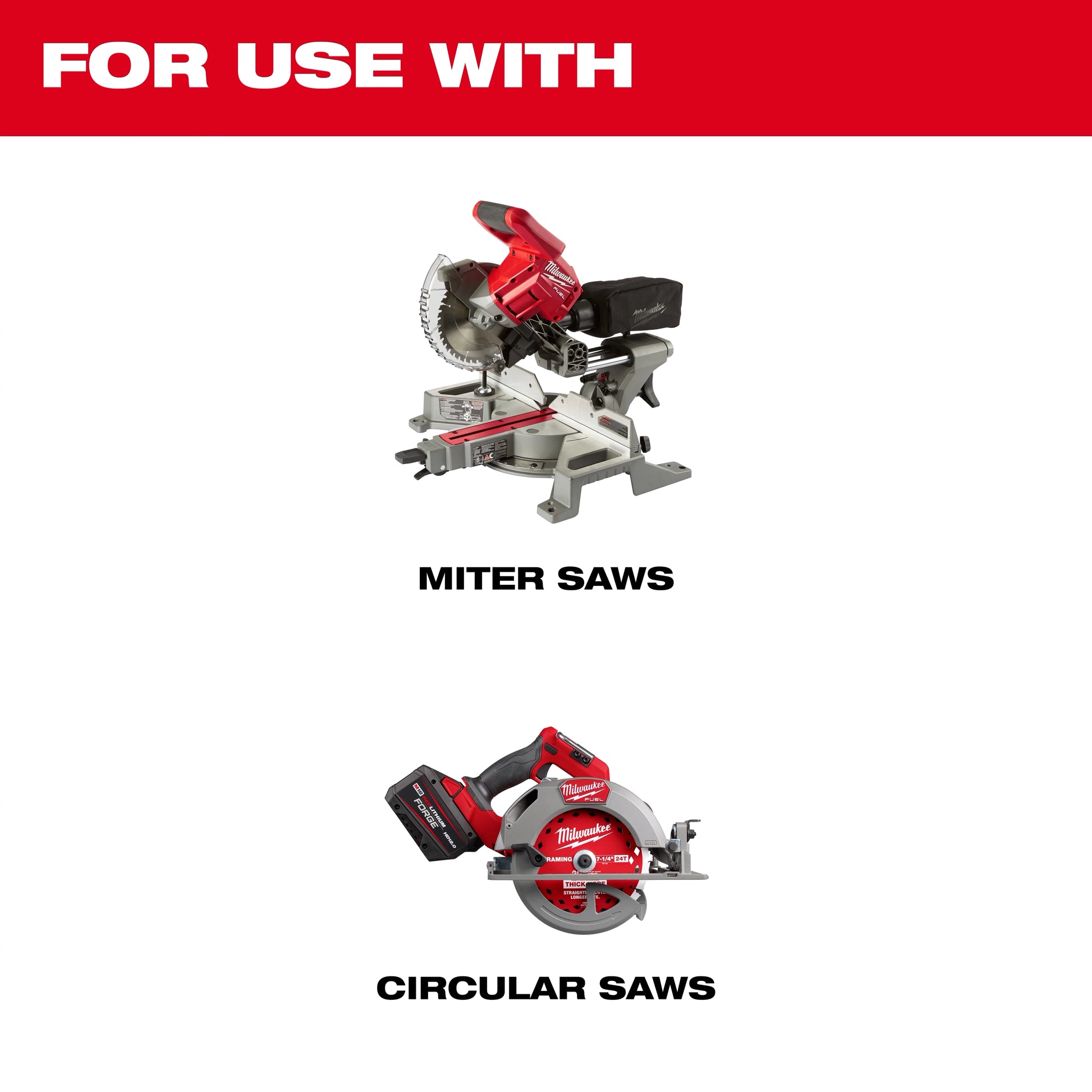 Milwaukee 7-1/4-inch circular saw blade shown with compatible corded and cordless circular saws