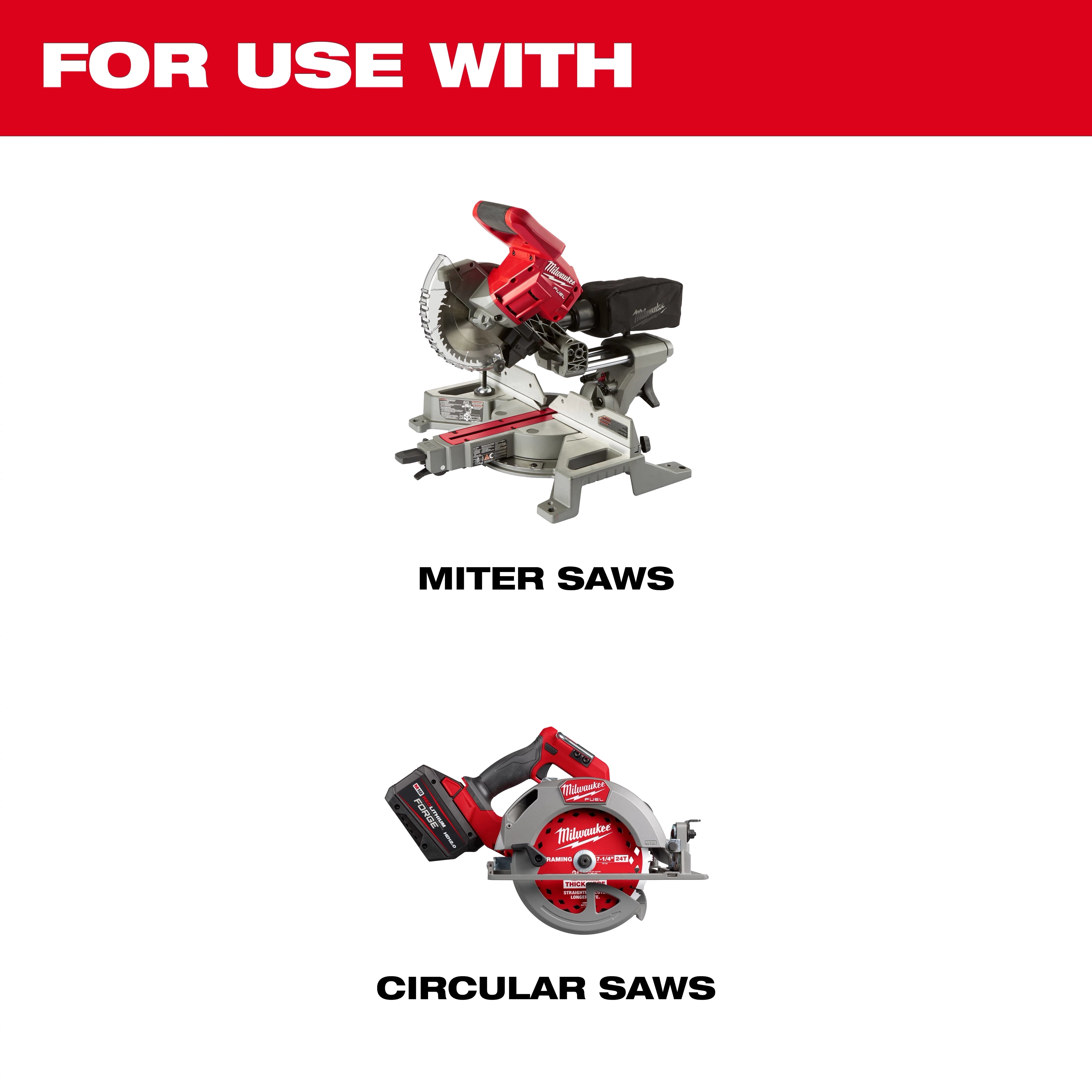 Milwaukee 7-1/4-inch circular saw blade shown with compatible corded and cordless circular saws