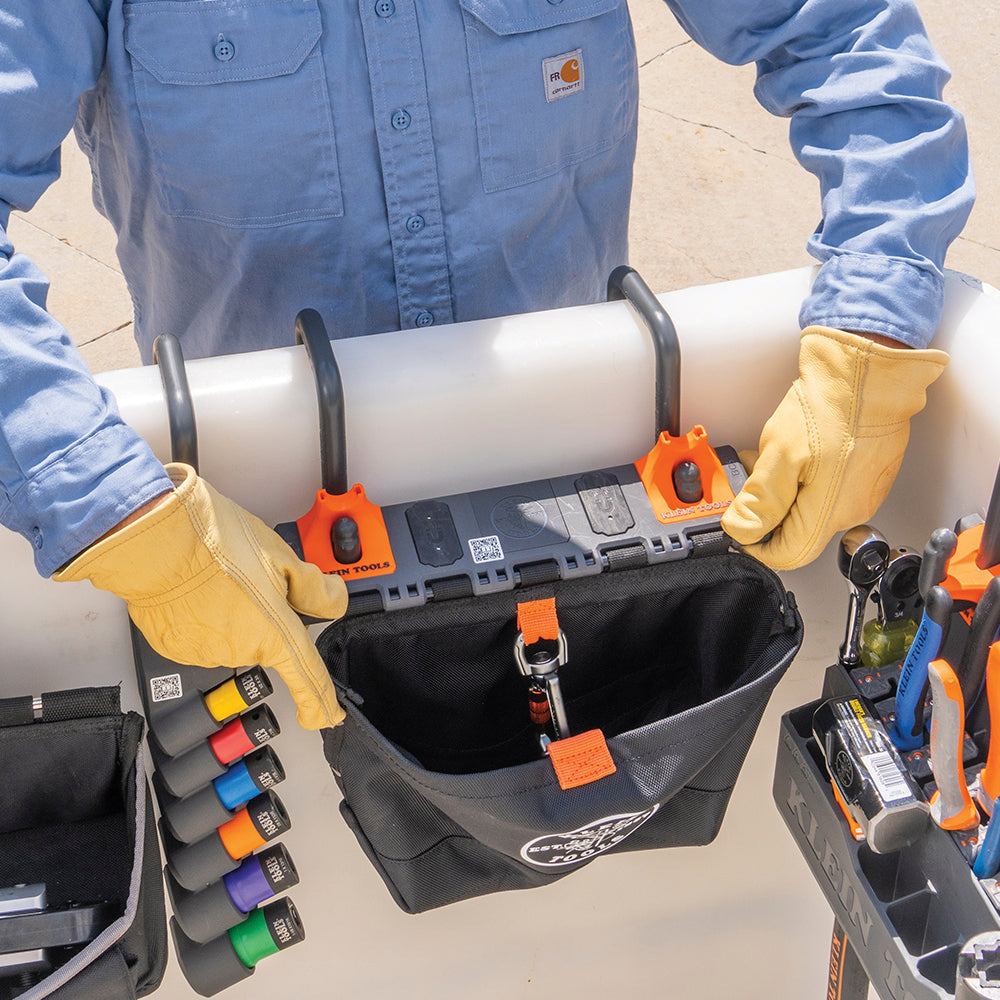 Klein Hardware Pouch Module BC510S mounted on a bucket with tools and parts