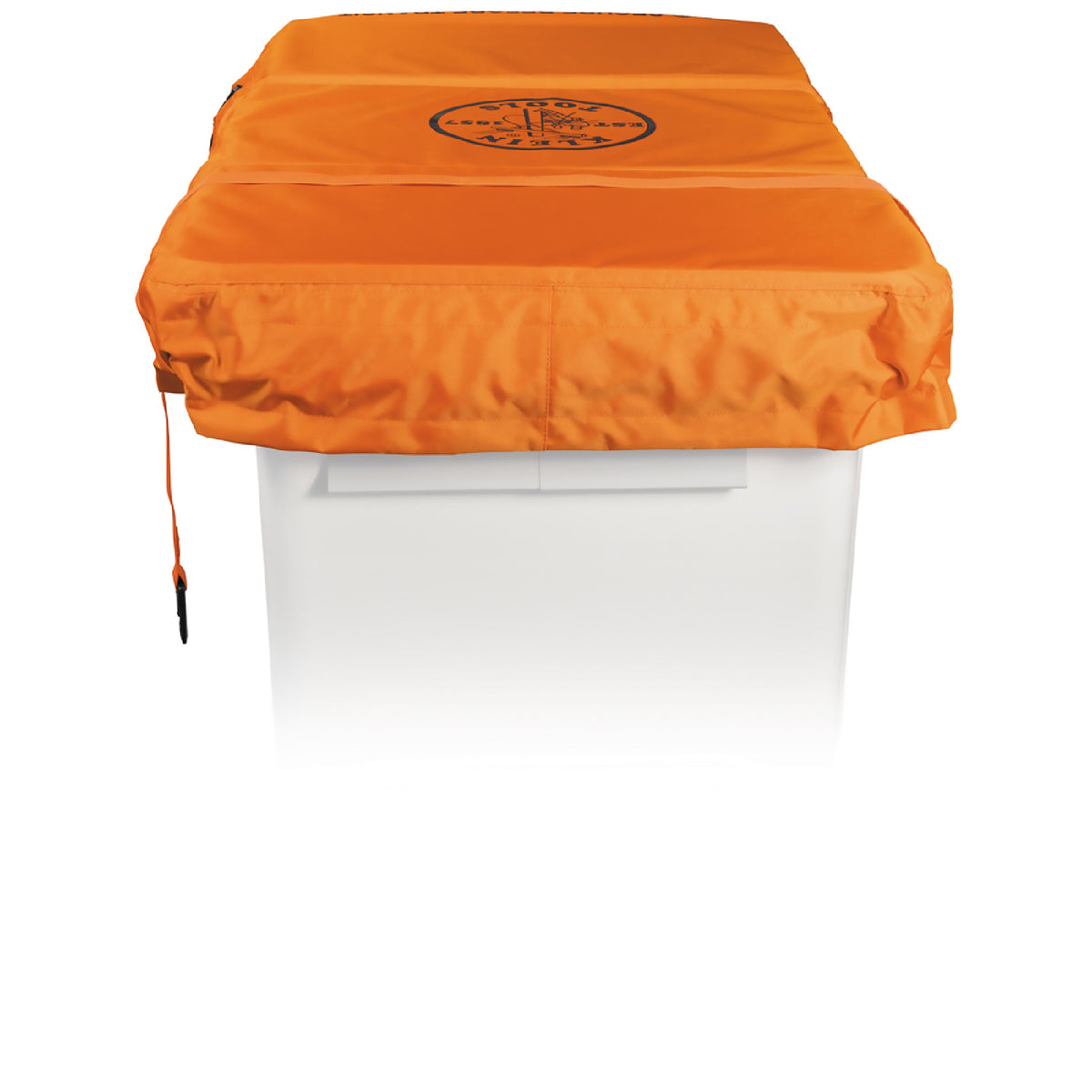 Rear view of Klein 2-Man Bucket Cover on a utility bucket