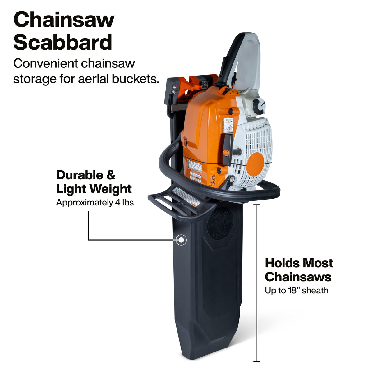 Klein Tools BC525S S-hook chainsaw scabbard quick access in an aerial bucket