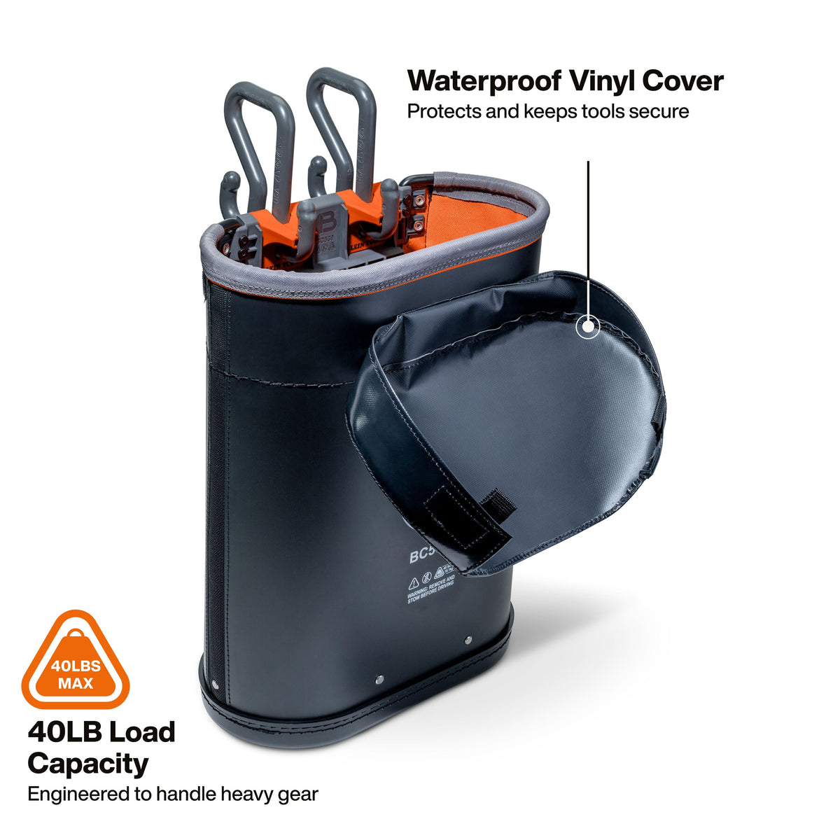 Klein Tools BC530S deep oval bucket carrying heavy lineman tools with 40-pound capacity