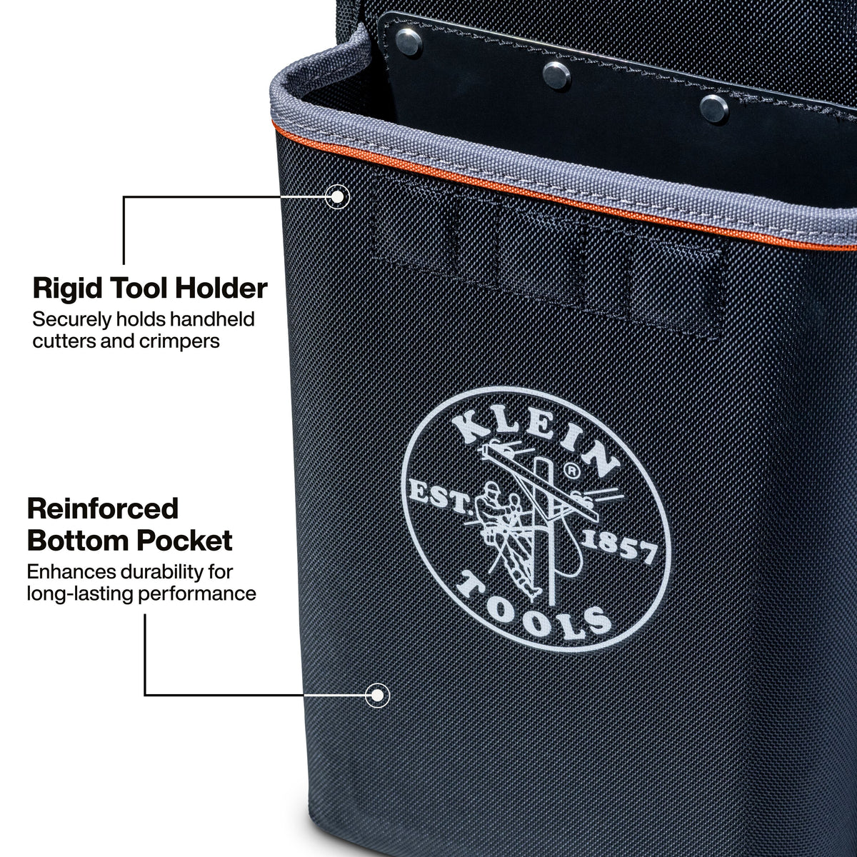 Klein Tools BC533S cutter crimper holder carrying handheld cutters and crimpers in a lineman bucket