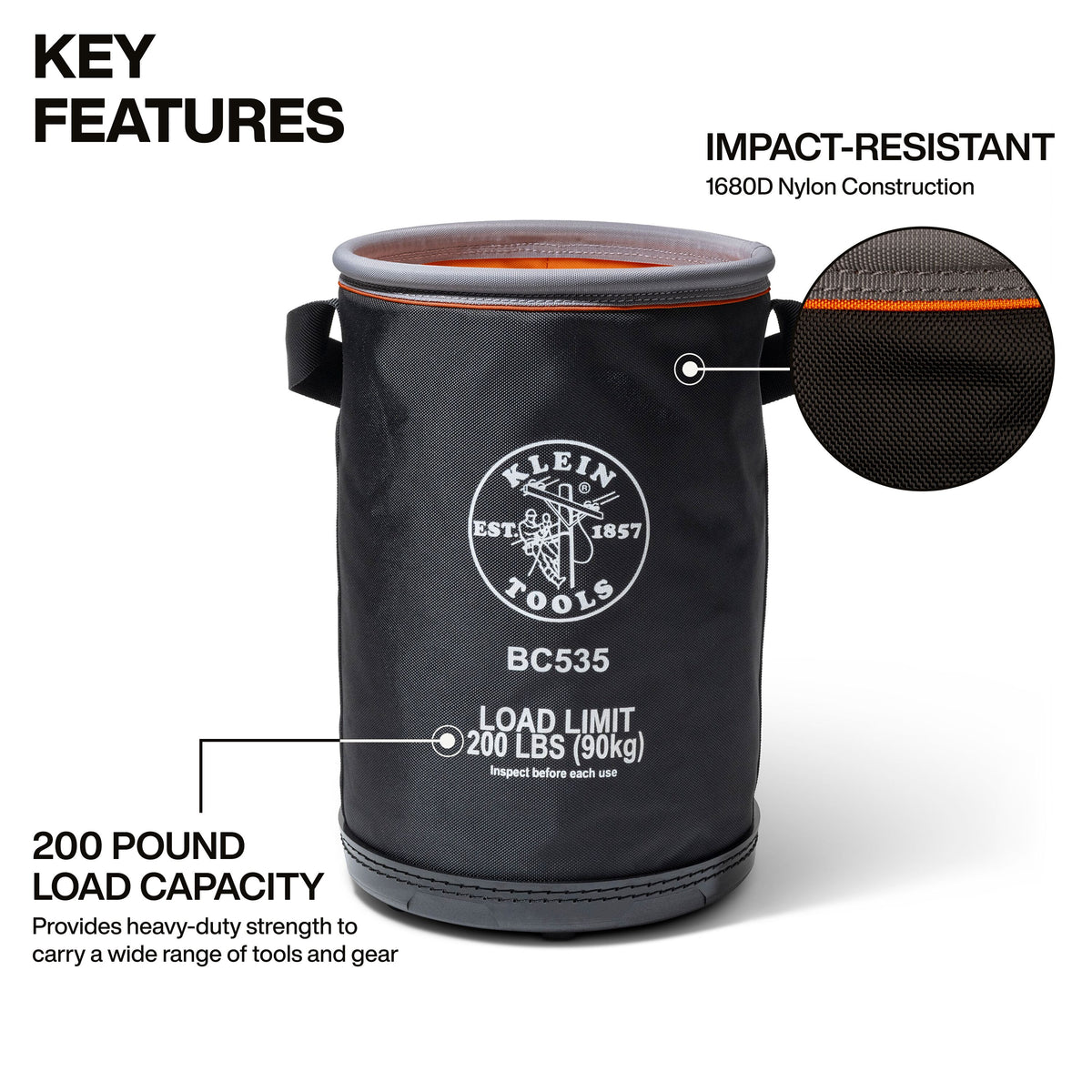 Klein straight utility bucket 200 lb load rating