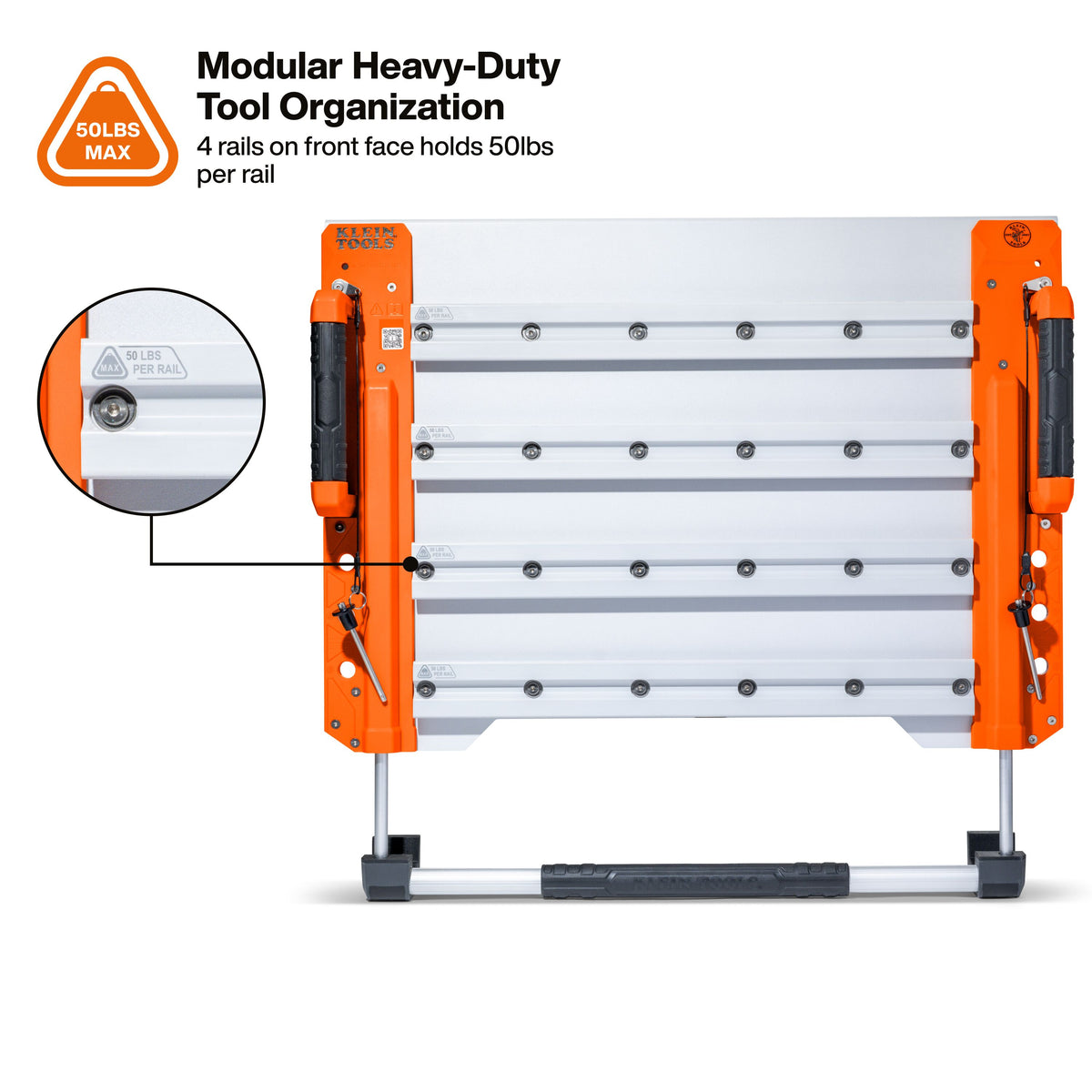 Klein Tools BC700WA LiftPro wall with four interior rails and one exterior rail holding tool modules