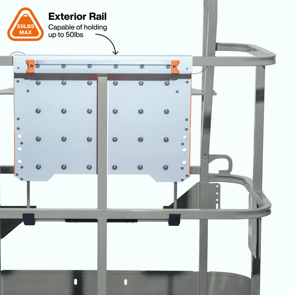 Klein Tools BC700WA locking pins securing the wall to a scissor lift rail