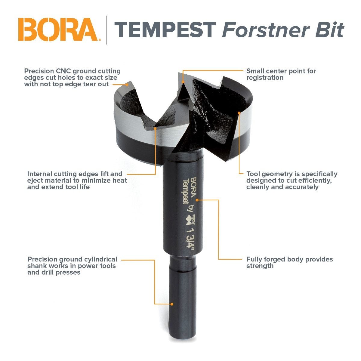 Bora BFB-009805 Tempest Forstner Bit 1-3/4" Dia x 3/8"S x 3-1/2" OAL