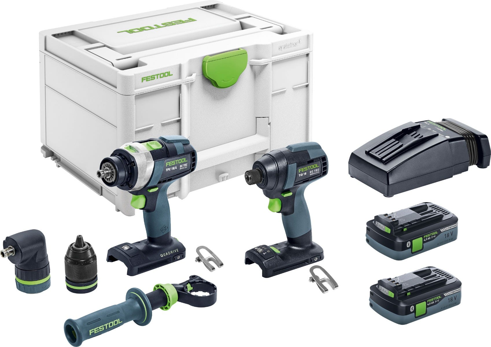 Festool 577616 QUADRIVE TPC 18/4 Cordless Hammer Drill and TID 18 Cordless Impact Screwdriver Combo Kit w/ Systainer3