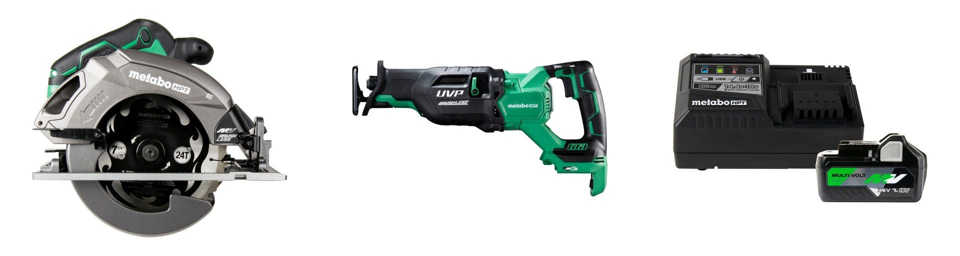 Metabo HPT 36V MultiVolt Brushless 7-1/4-in Circular Saw, Tool Only plus 36V Brushless Reciprocating saw, Tool Only and 36V/18V MultiVolt Lithium Ion Slide Battery and Charger 4.0Ah/8.0Ah Starter Kit