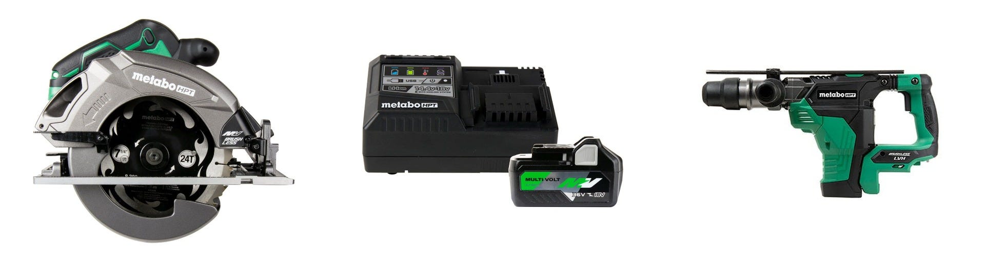 Metabo HPT 36V MultiVolt Brushless 7-1/4-in Circular Saw, 1-9/16 Inch SDS Max Rotary Hammer and MultiVolt Lithium Ion Slide Battery and Charger Starter Kit
